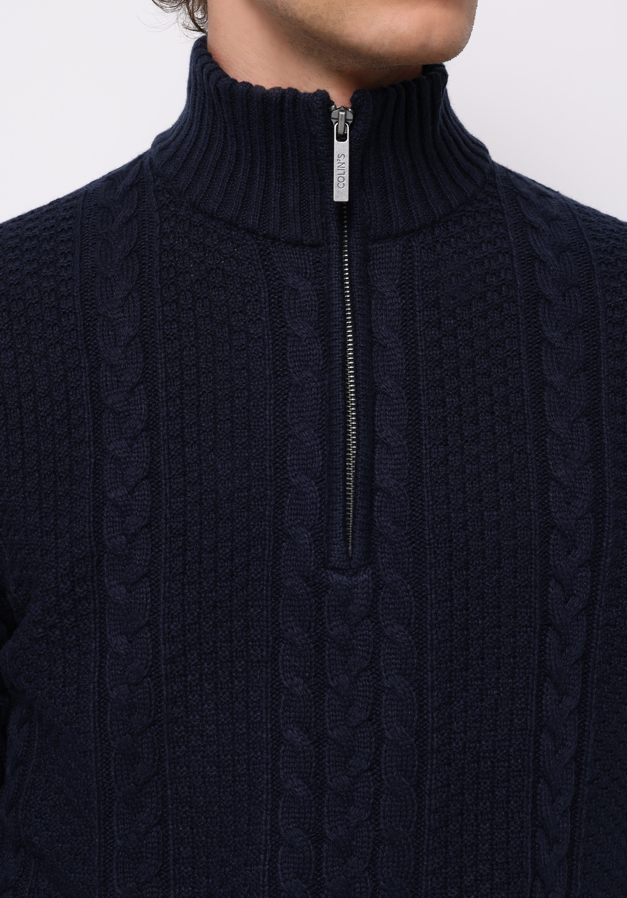 Regular Fit Dik Yaka Jakarlı Erkek Lacivert Kazak