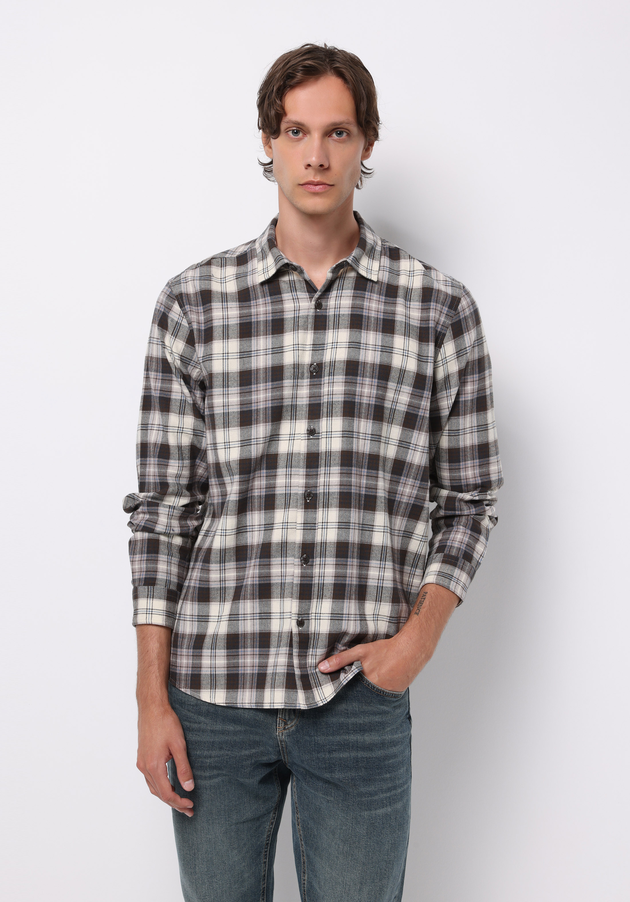 Regular Fit Shirt Neck Ekoseli Erkek Kahverengi Uzun Kol Gömlek