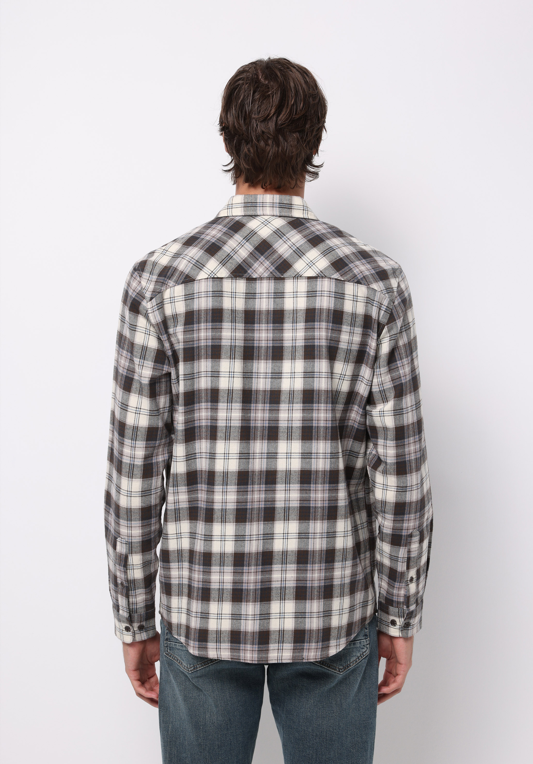 Regular Fit Shirt Neck Ekoseli Erkek Kahverengi Uzun Kol Gömlek