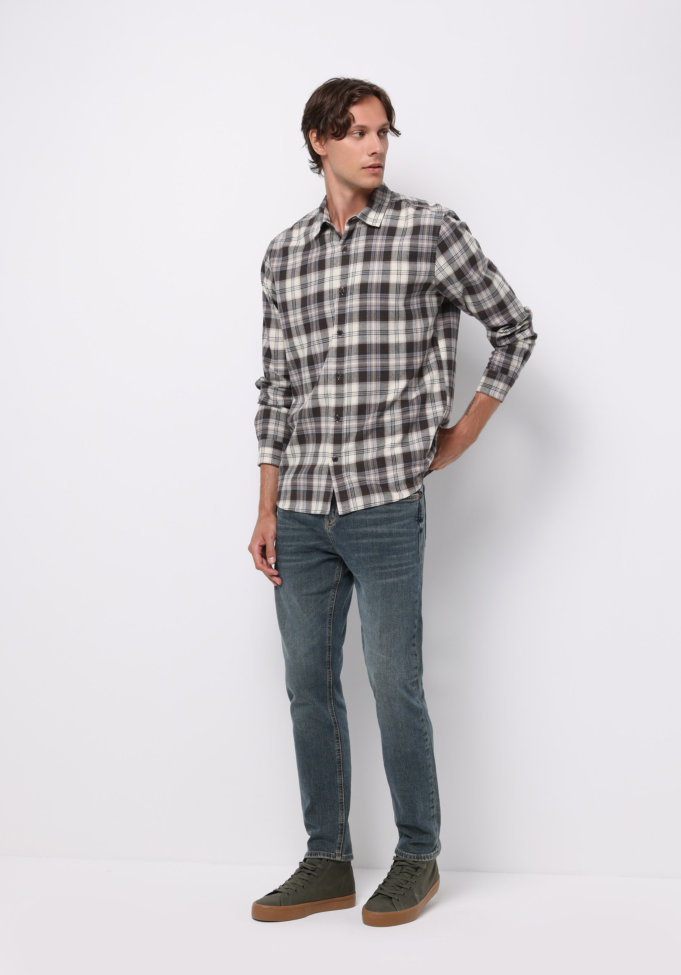 Regular Fit Shirt Neck Ekoseli Erkek Kahverengi Uzun Kol Gömlek