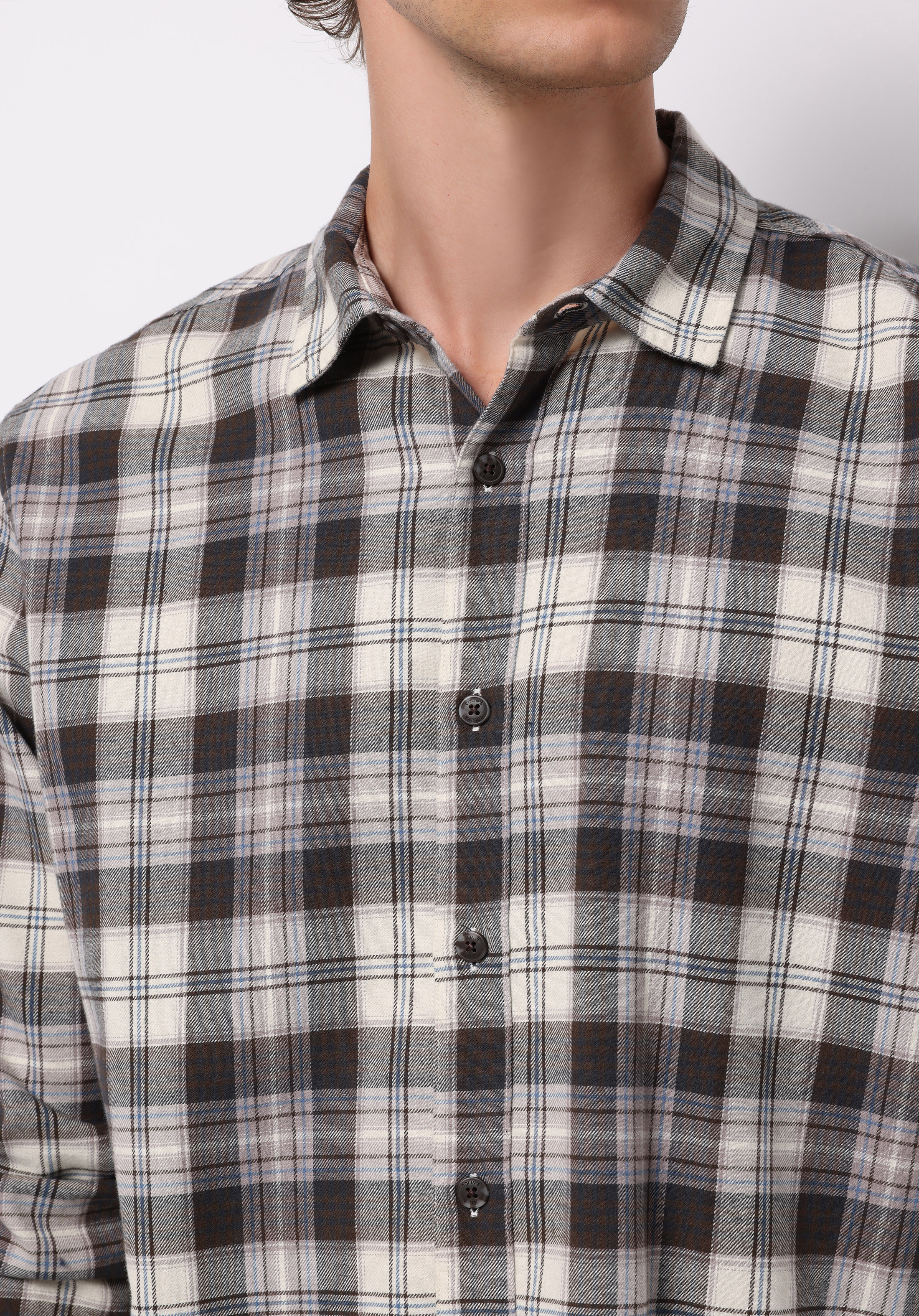 Regular Fit Shirt Neck Ekoseli Erkek Kahverengi Uzun Kol Gömlek