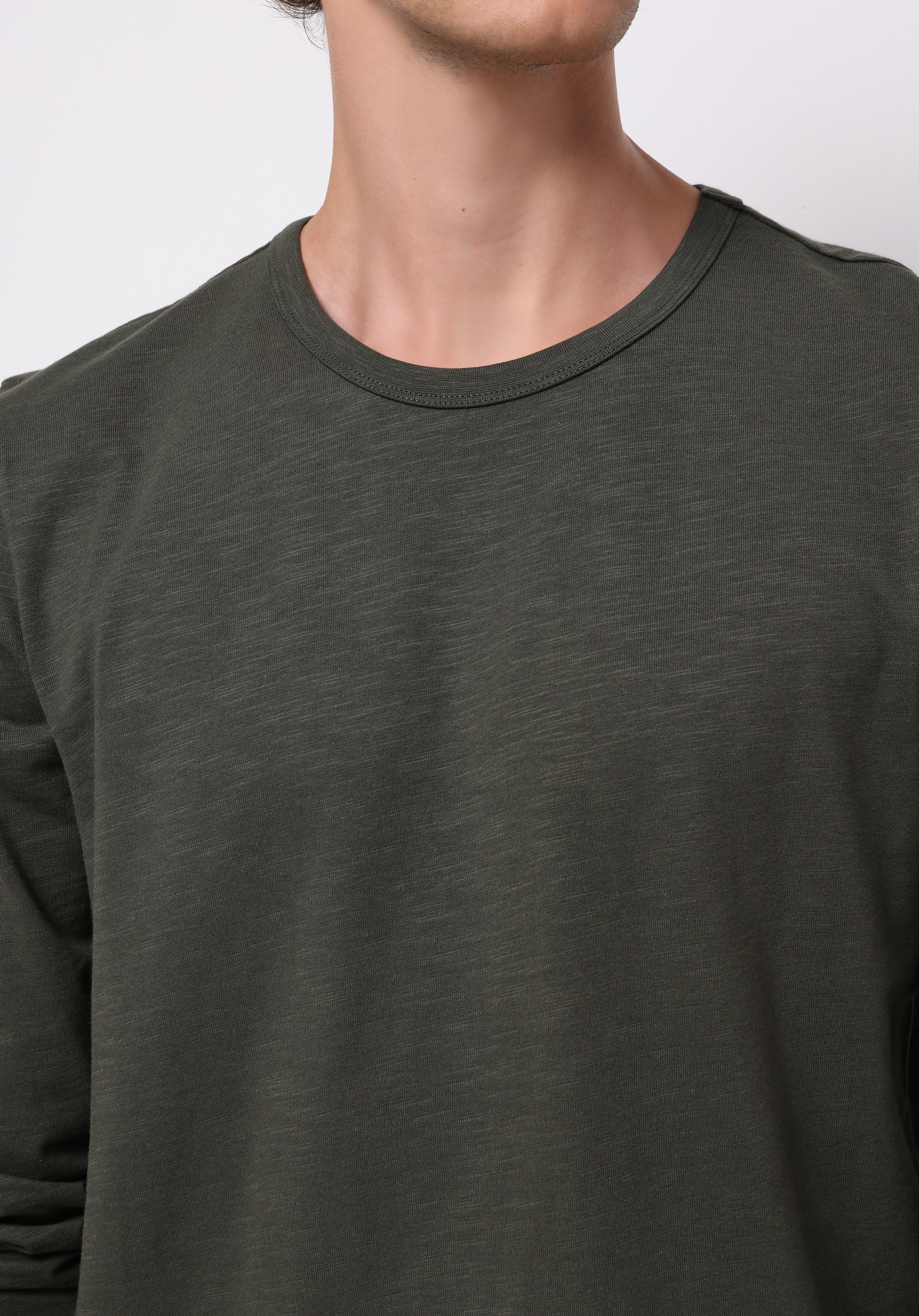 Regular Fit Yuvarlak Yaka Düz Erkek Yeşil Uzun Kol Tişört