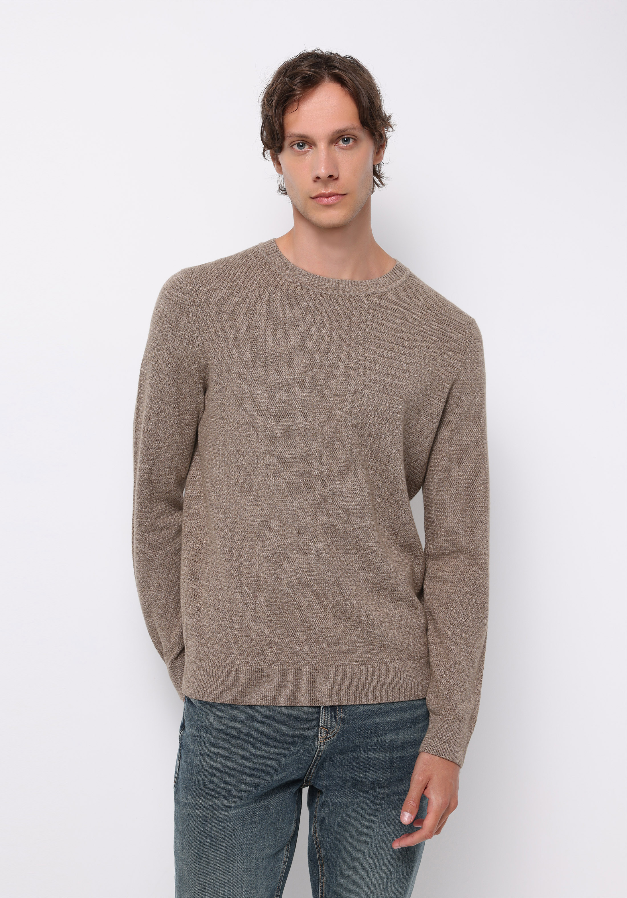 Regular Fit Yuvarlak Yaka Jakarlı Erkek Bej Kazak