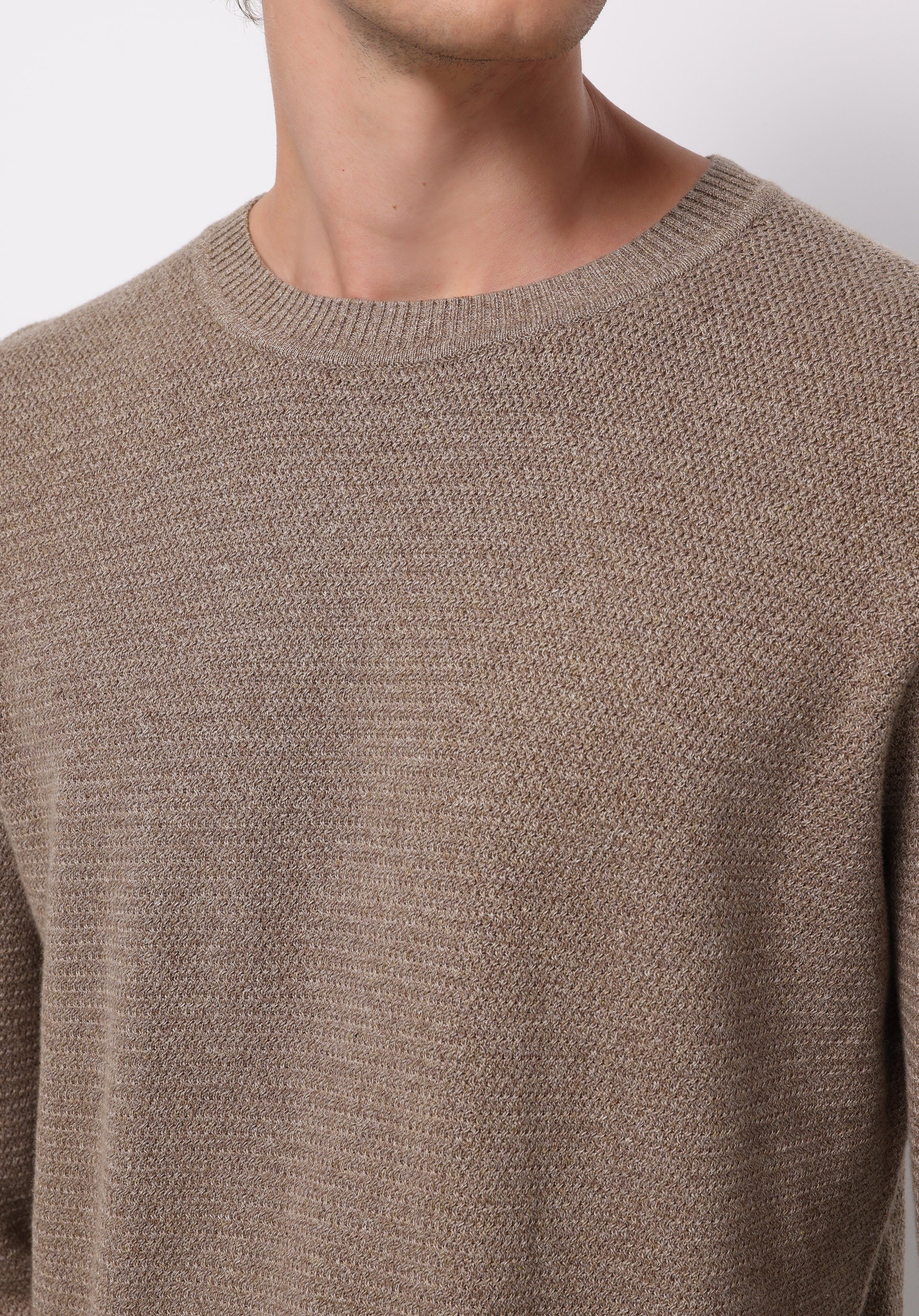 Regular Fit Yuvarlak Yaka Jakarlı Erkek Bej Kazak