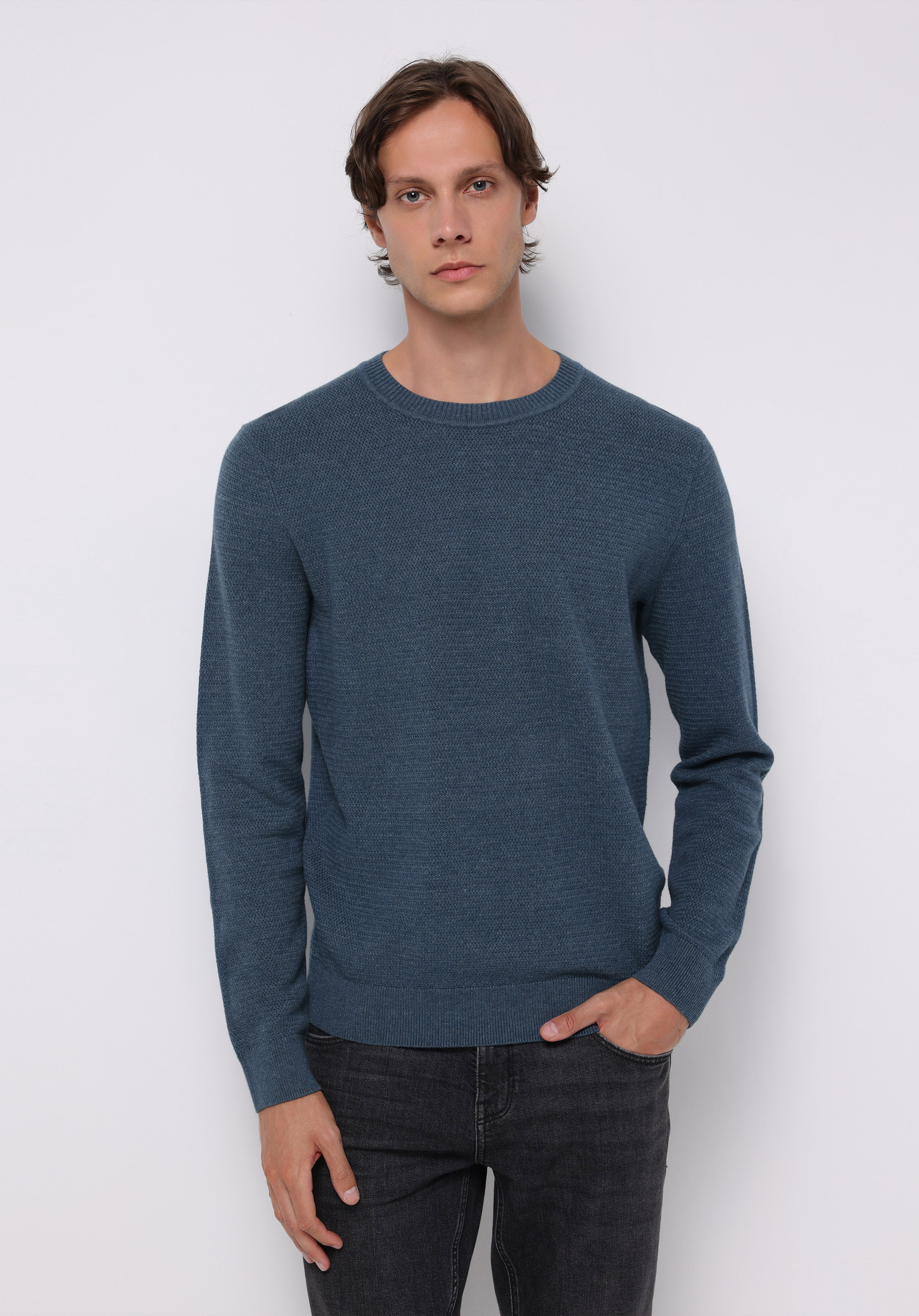 Regular Fit Yuvarlak Yaka Jakarlı Erkek Mavi Kazak