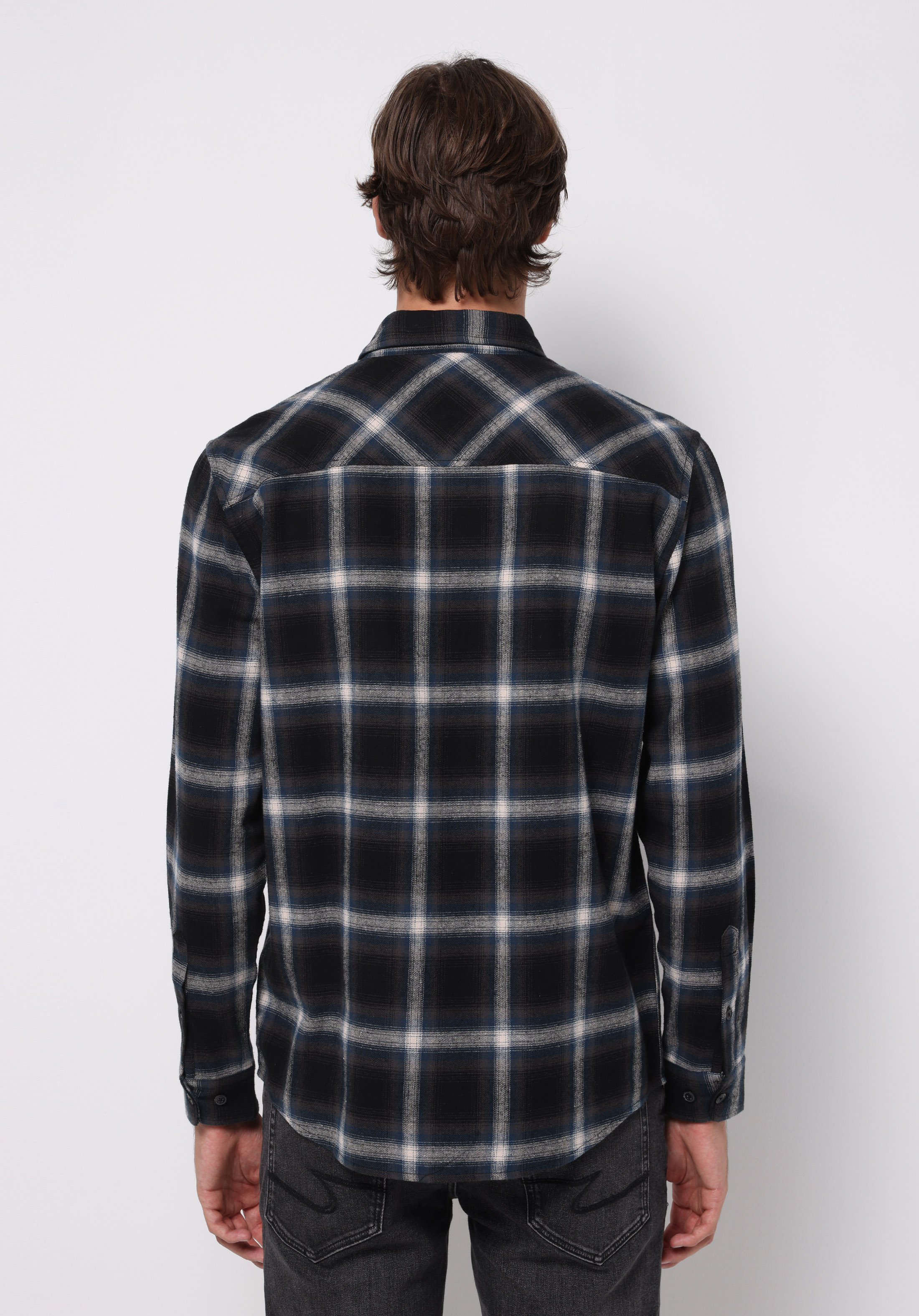 Regular Fit Shirt Neck Ekoseli Erkek Lacivert Uzun Kol Gömlek