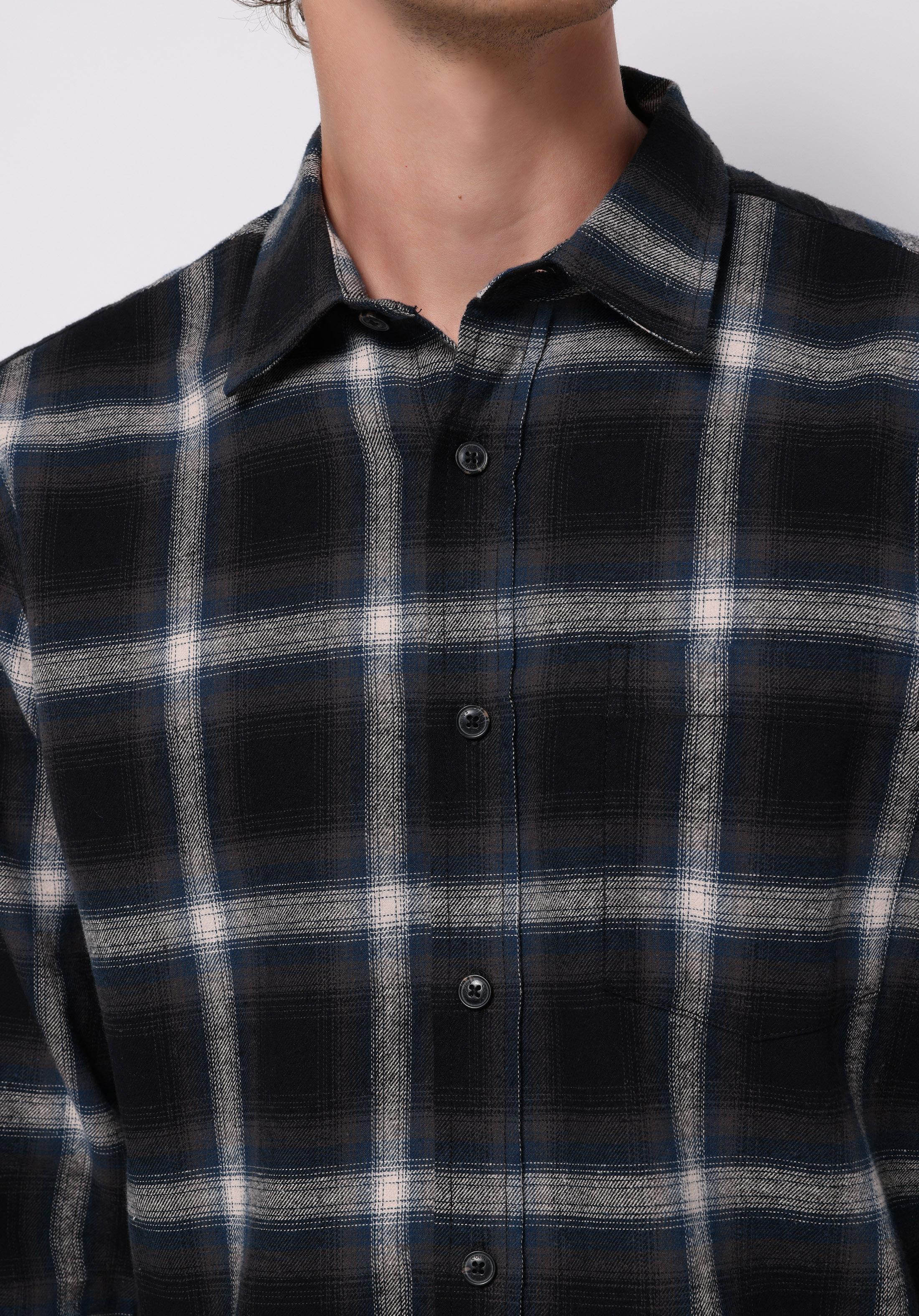 Regular Fit Shirt Neck Ekoseli Erkek Lacivert Uzun Kol Gömlek