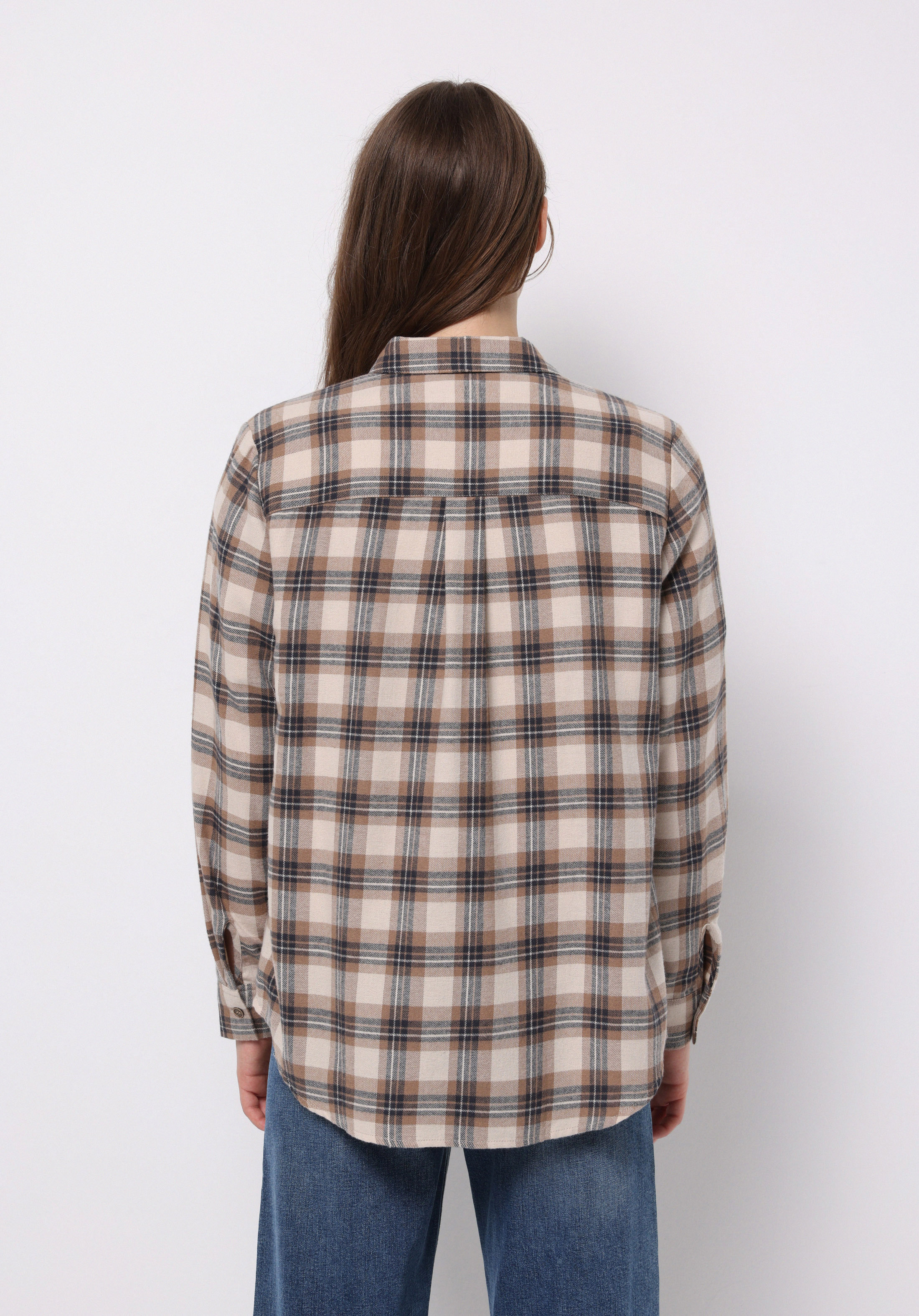 Regular Fit Shirt Neck Ekoseli Kadın Bej Uzun Kol Gömlek