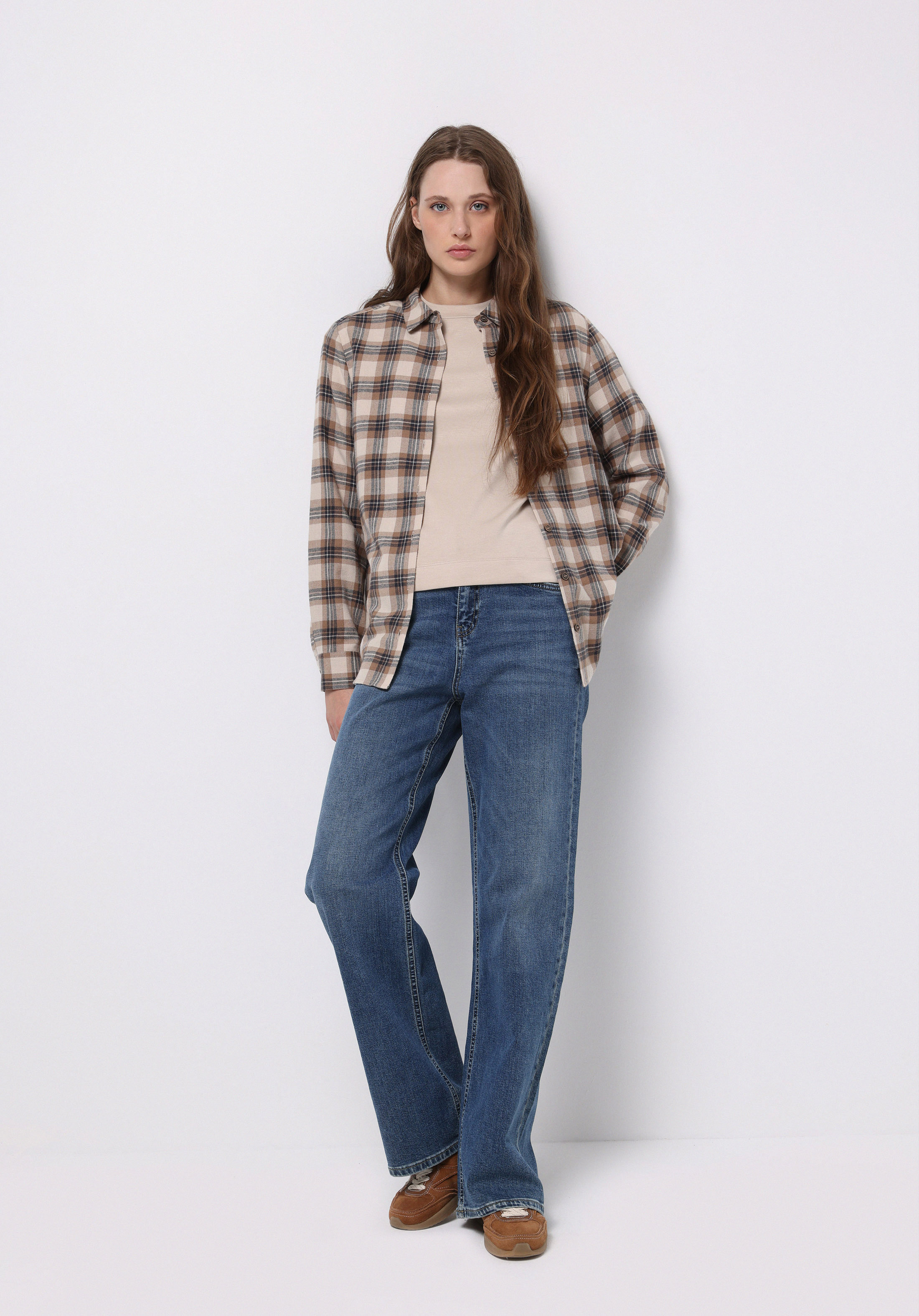 Regular Fit Shirt Neck Ekoseli Kadın Bej Uzun Kol Gömlek