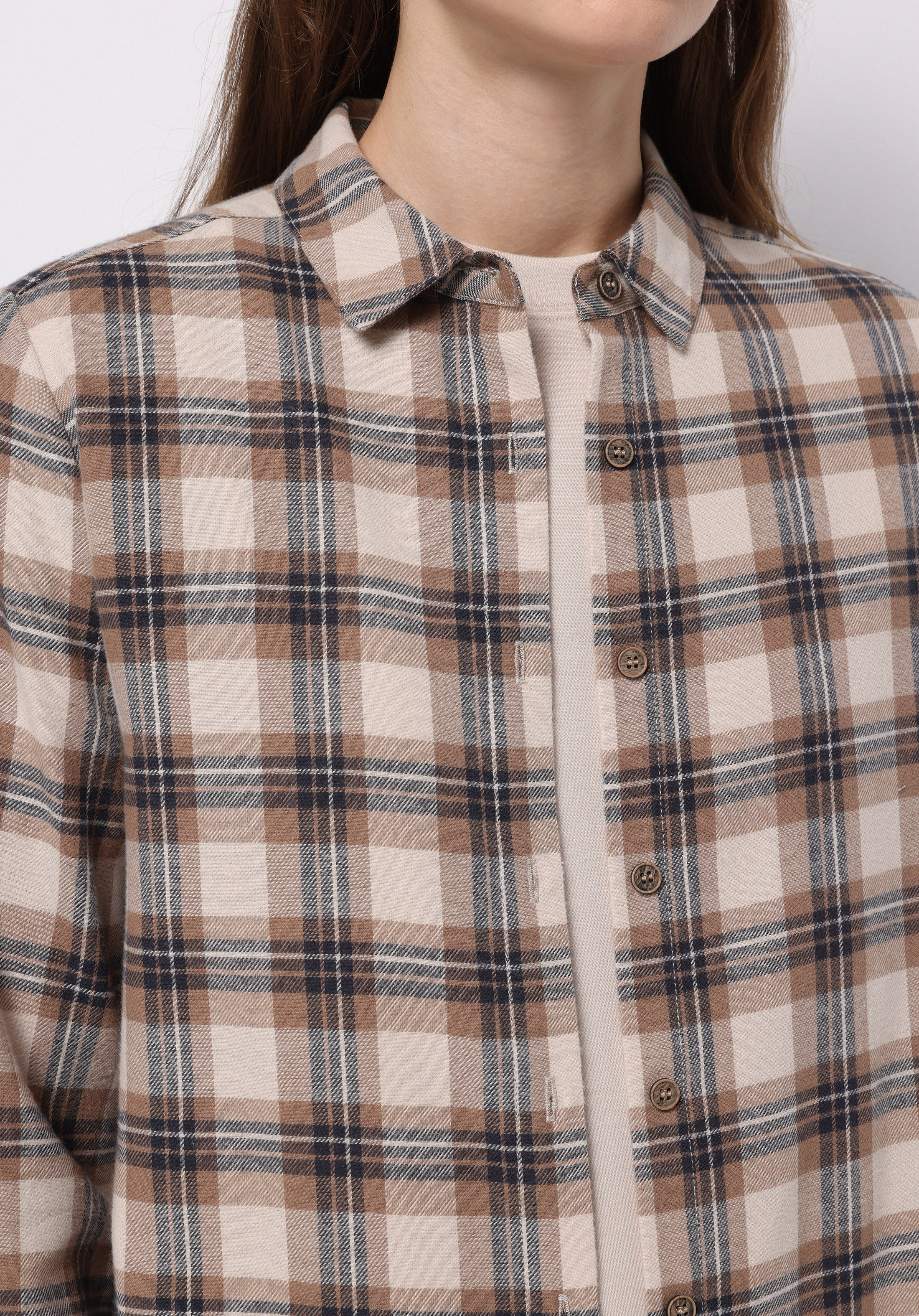 Regular Fit Shirt Neck Ekoseli Kadın Bej Uzun Kol Gömlek