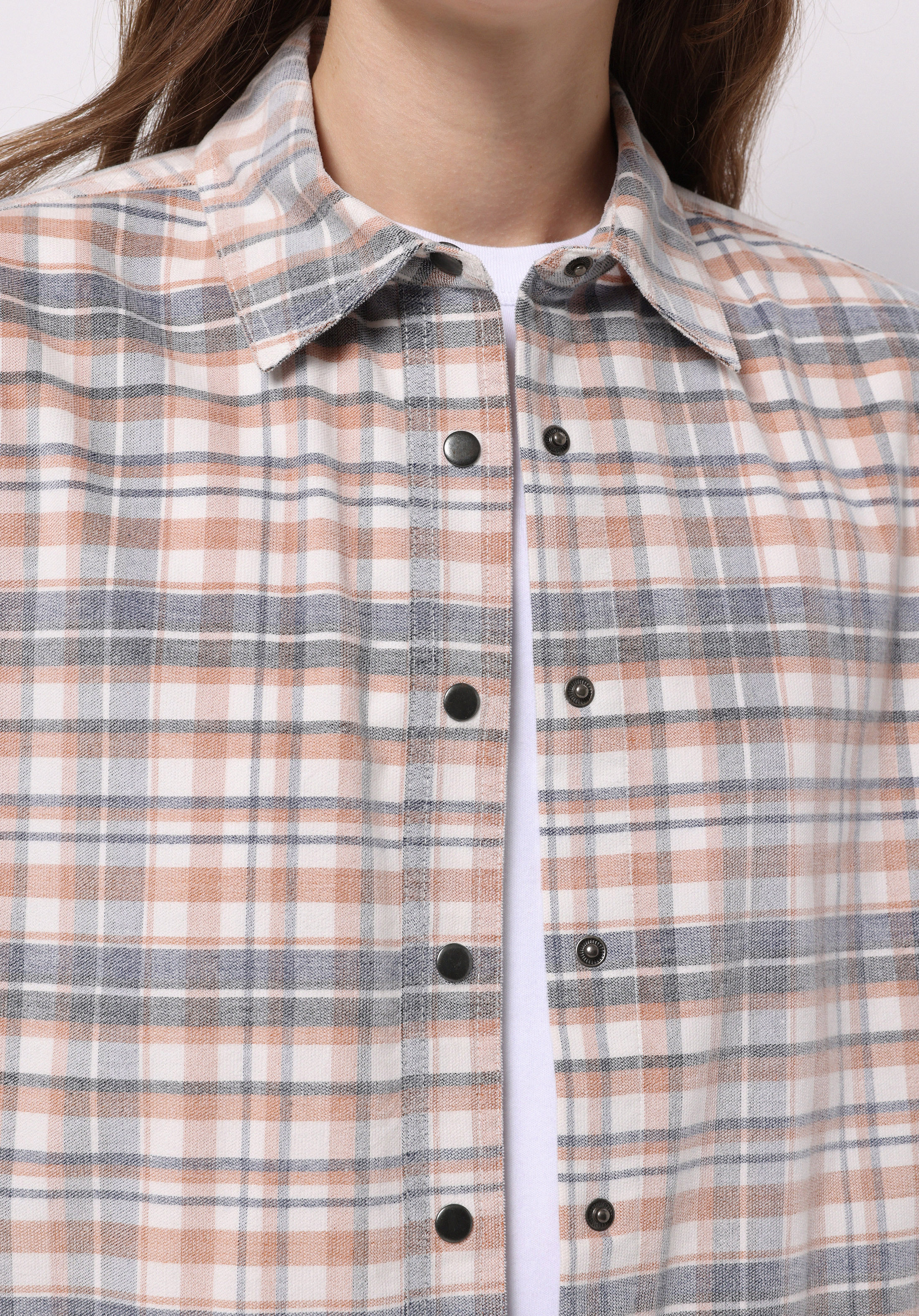 Regular Fit Shirt Neck Ekoseli Kadın Bej Uzun Kol Gömlek