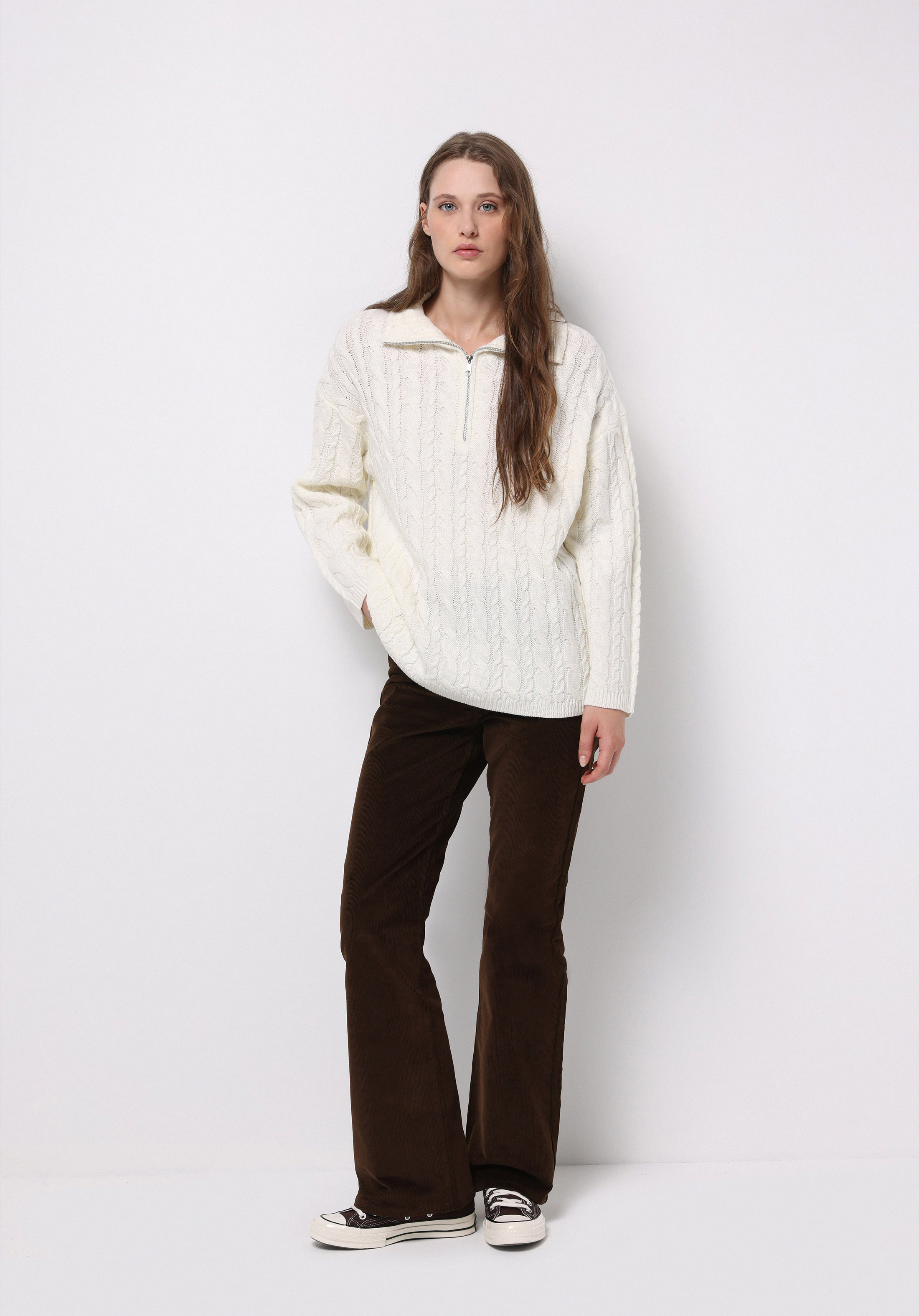 Oversize Fermuarlı Düz Kadın Ekru Kazak