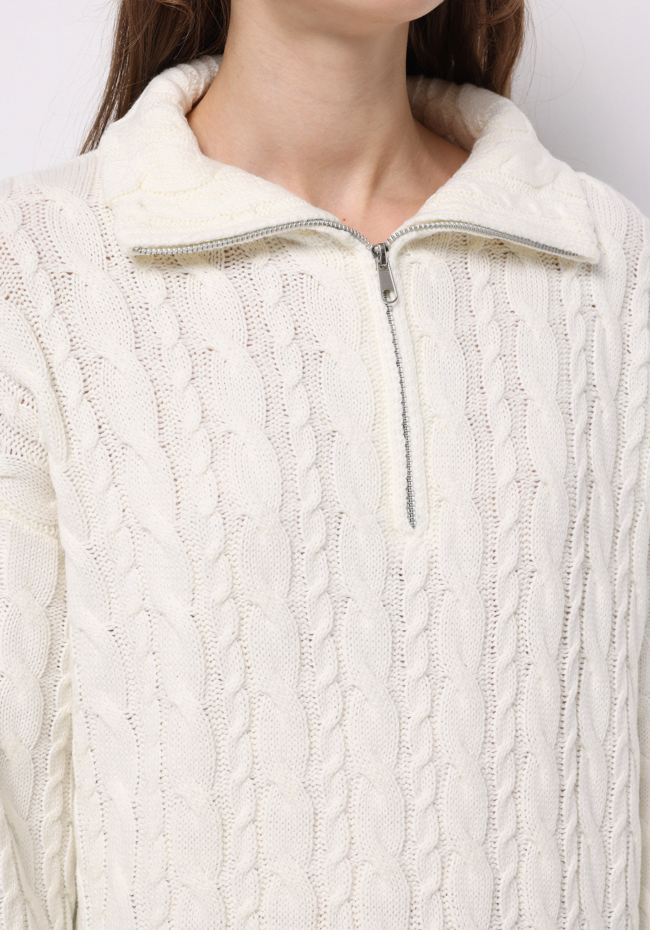 Oversize Fermuarlı Düz Kadın Ekru Kazak