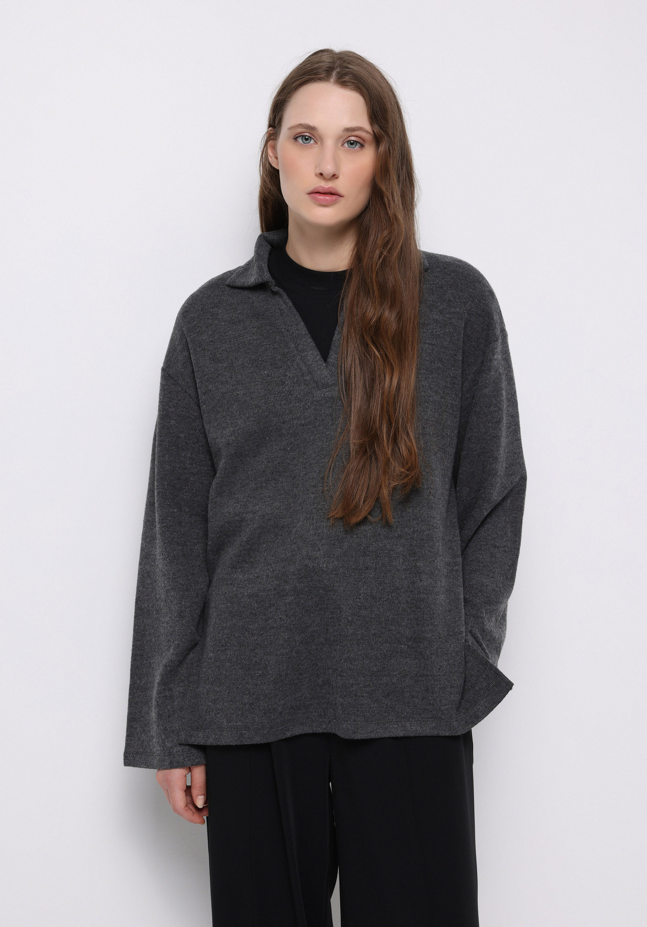 Regular Fit Polo Yaka Düz Kadın Antrasit Tişört