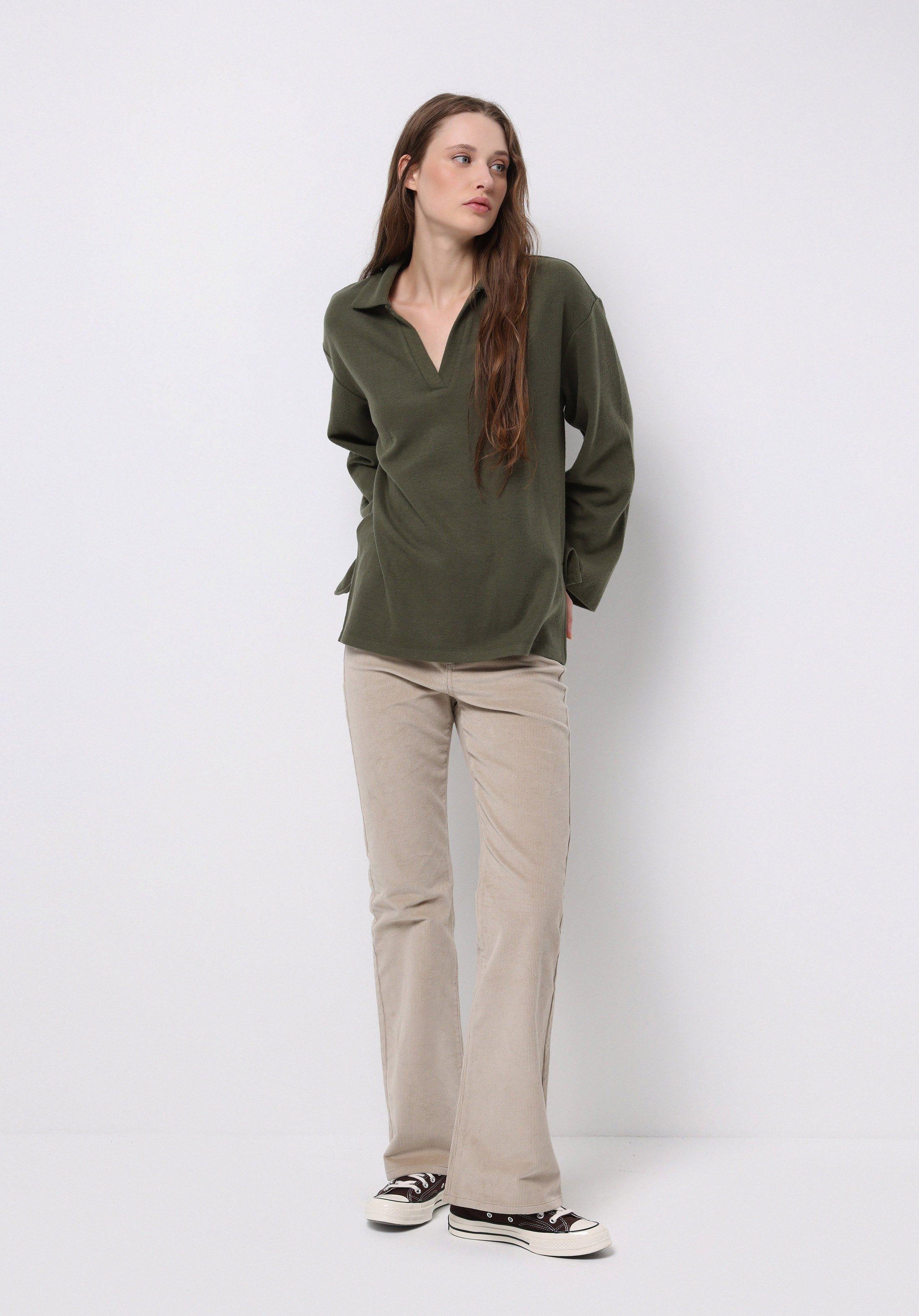 Regular Fit Polo Yaka Düz Kadın Yeşil Tişört