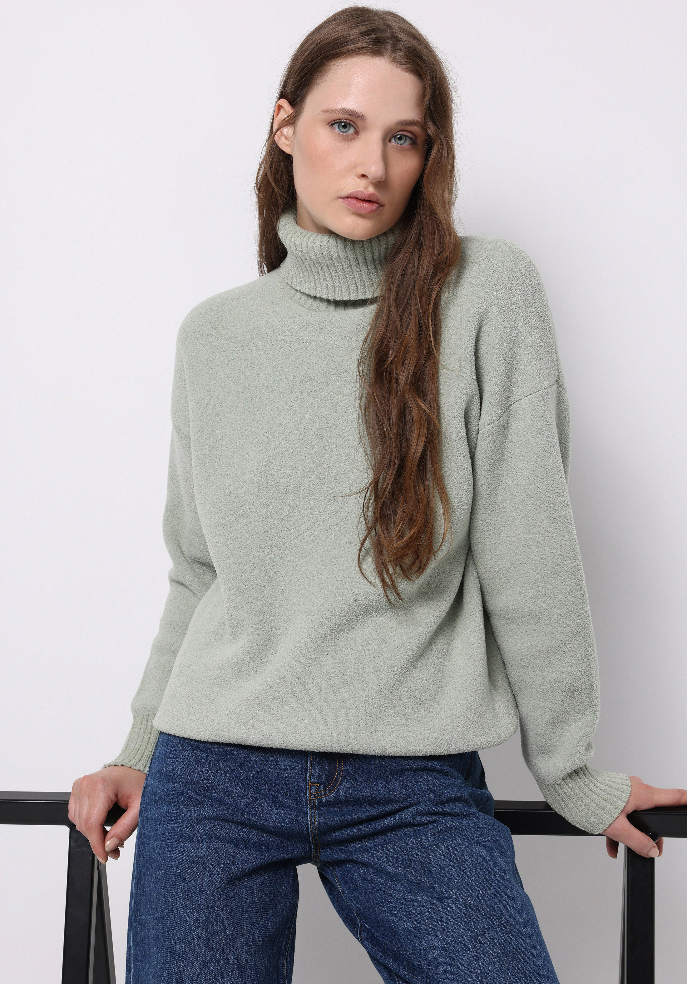 Regular Fit Balıkçı Yaka Düz Kadın Yeşil Kazak