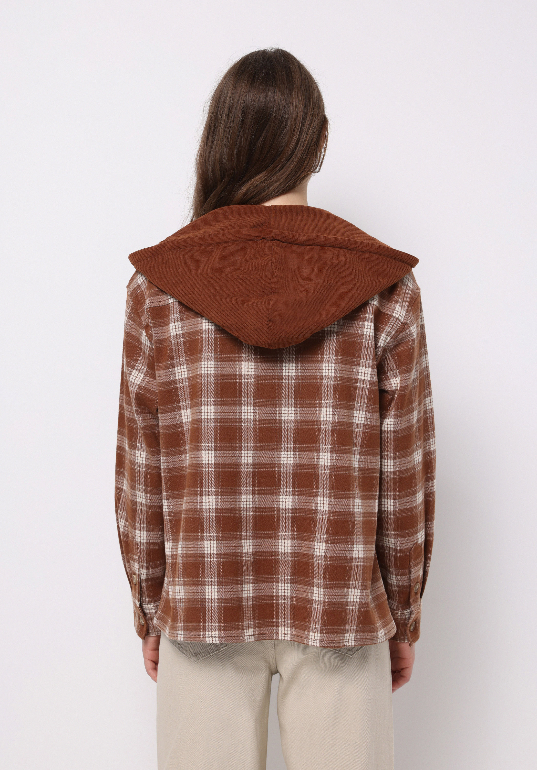 Regular Fit Kapüşonlu Ekoseli Kadın Bej Uzun Kol Gömlek