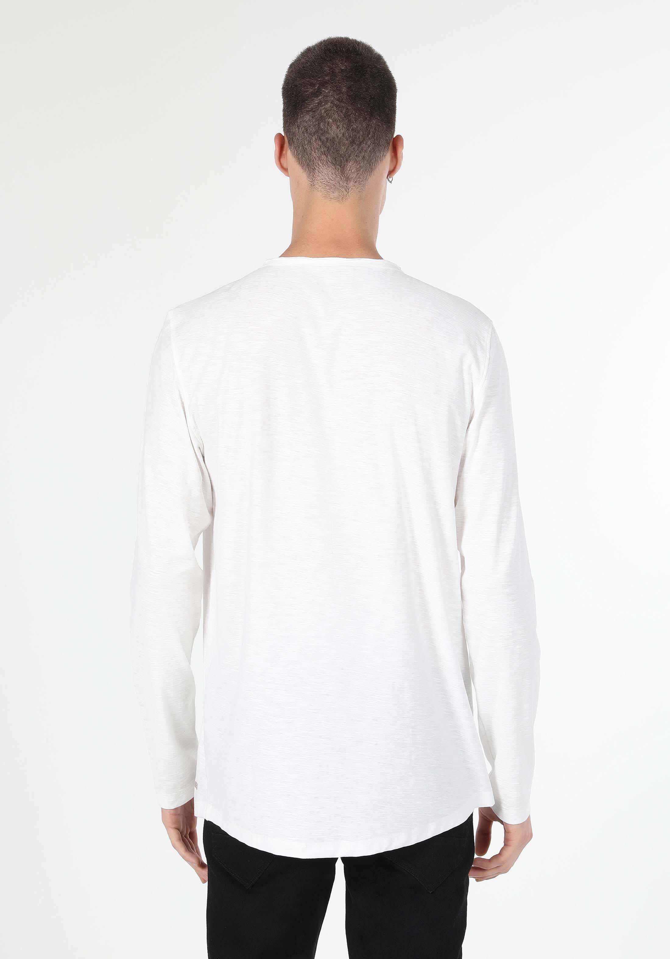 Regular Fit Yuvarlak Yaka Düz Erkek Beyaz Uzun Kol Örme Tişört