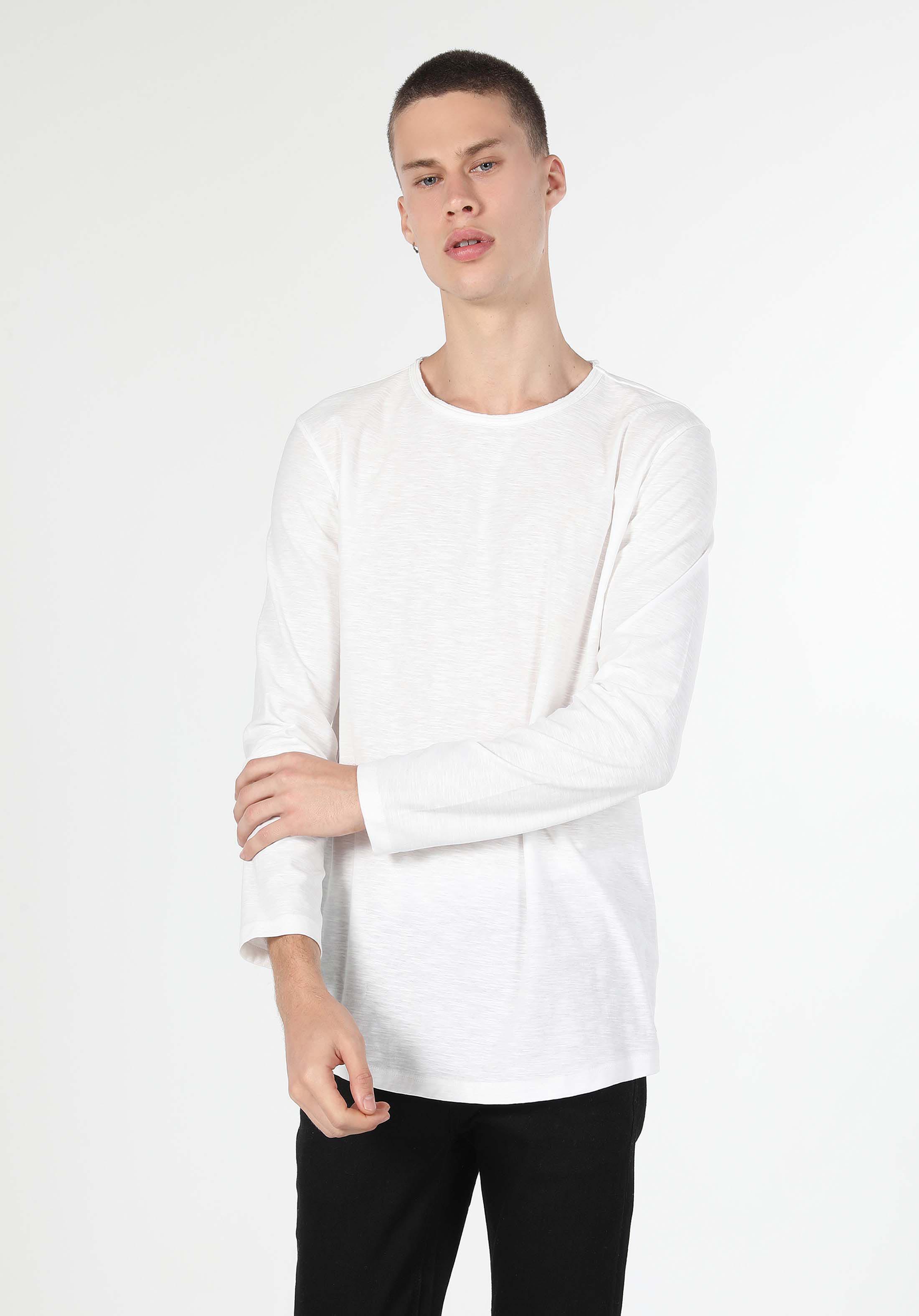 Regular Fit Yuvarlak Yaka Düz Erkek Beyaz Uzun Kol Örme Tişört