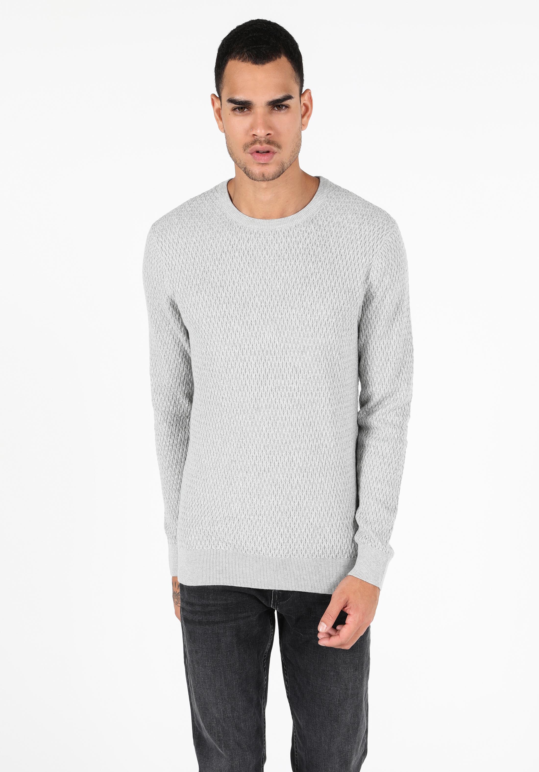 Slim Fit Pamuklu Yuvarlak Yaka Erkek Gri Kazak