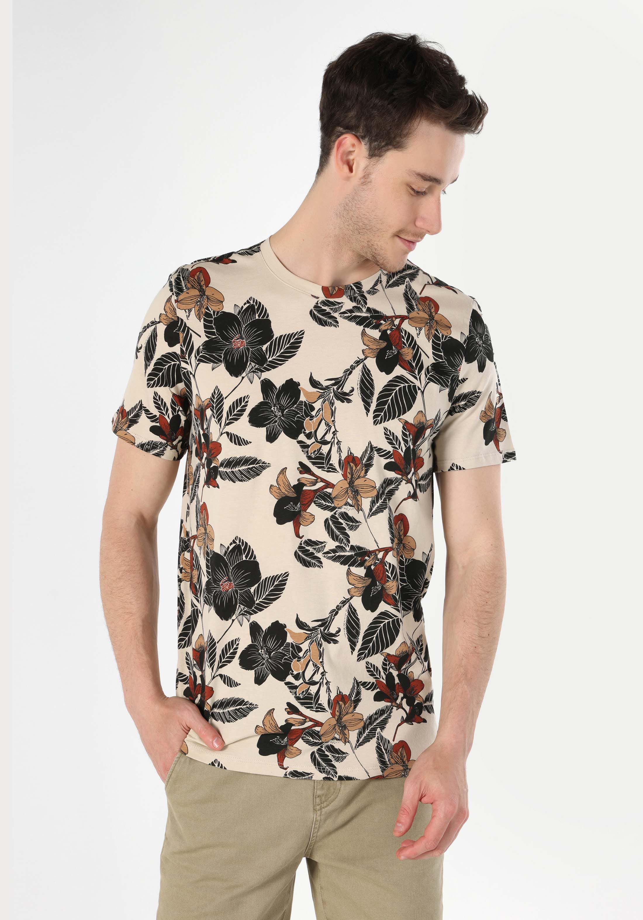 Regular Fit Yuvarlak Yaka Baskılı Erkek Bej Kısa Kol Tişört