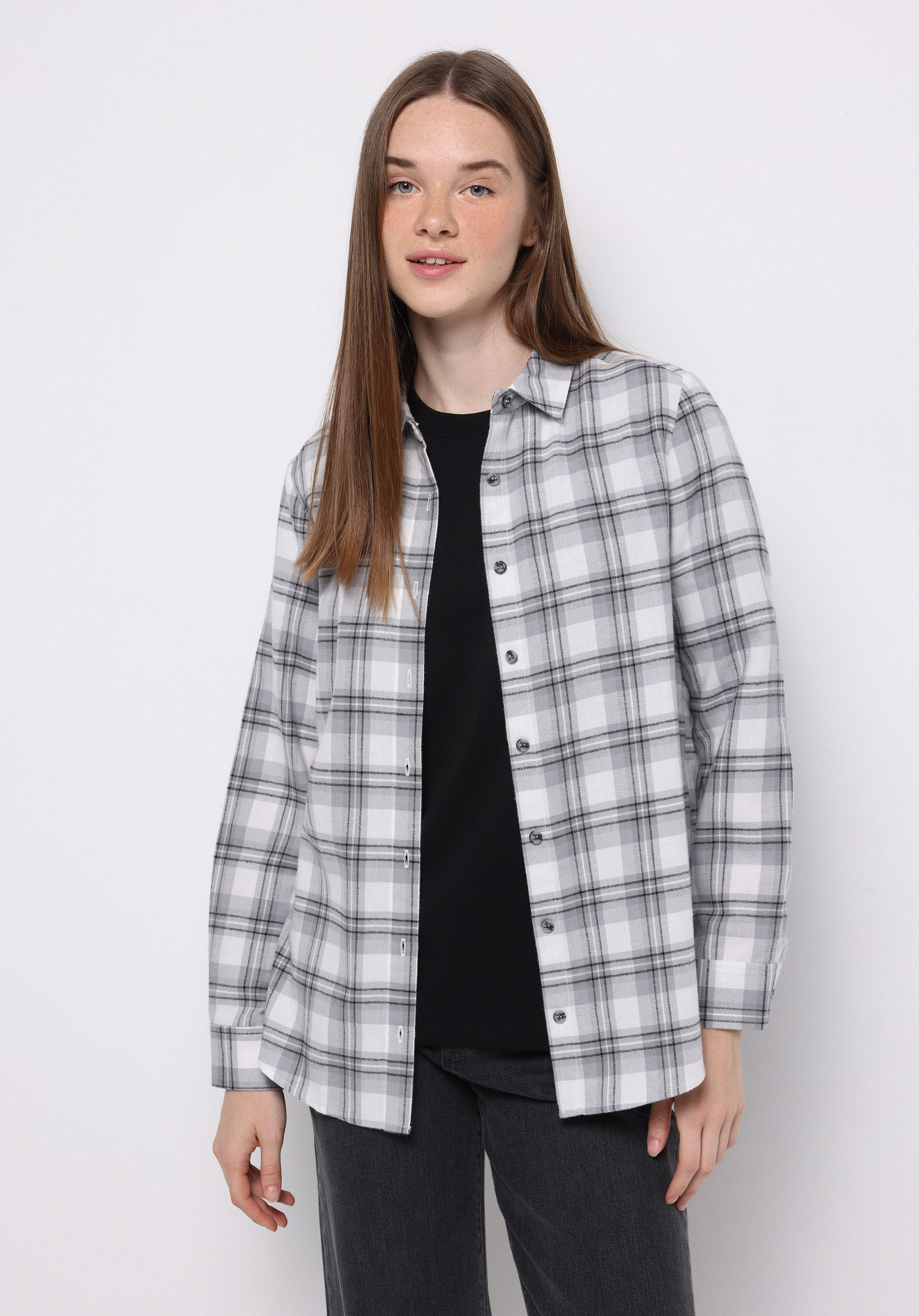 Regular Fit Shirt Neck Ekoseli Kadın Gri Uzun Kol Gömlek