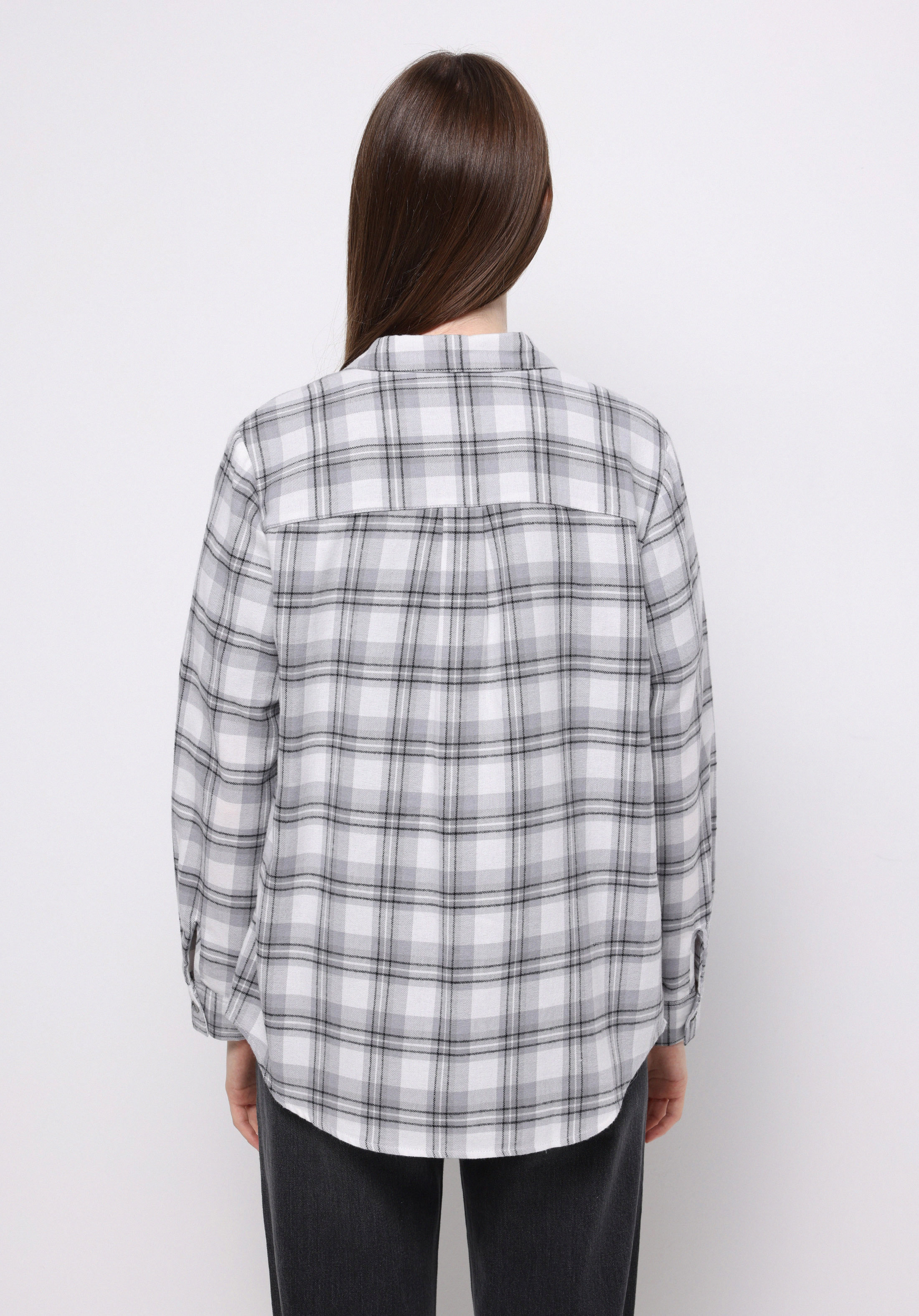 Regular Fit Shirt Neck Ekoseli Kadın Gri Uzun Kol Gömlek