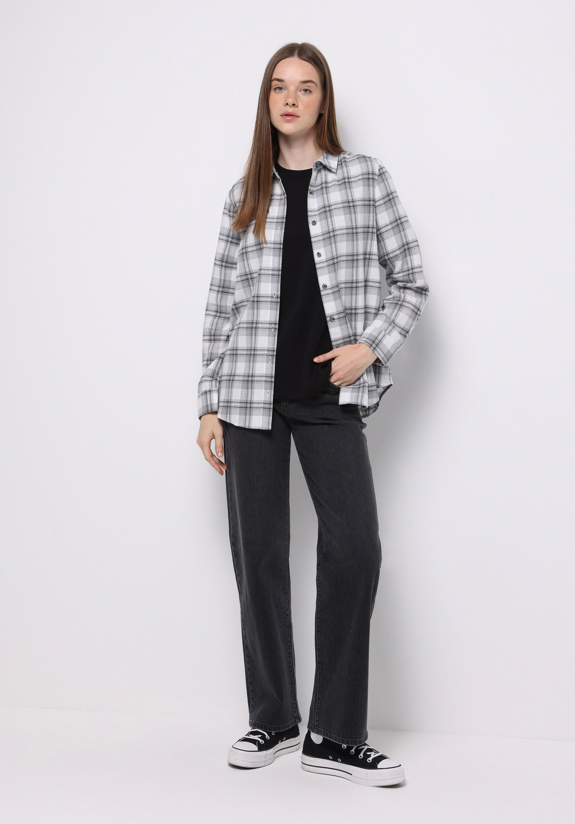 Regular Fit Shirt Neck Ekoseli Kadın Gri Uzun Kol Gömlek