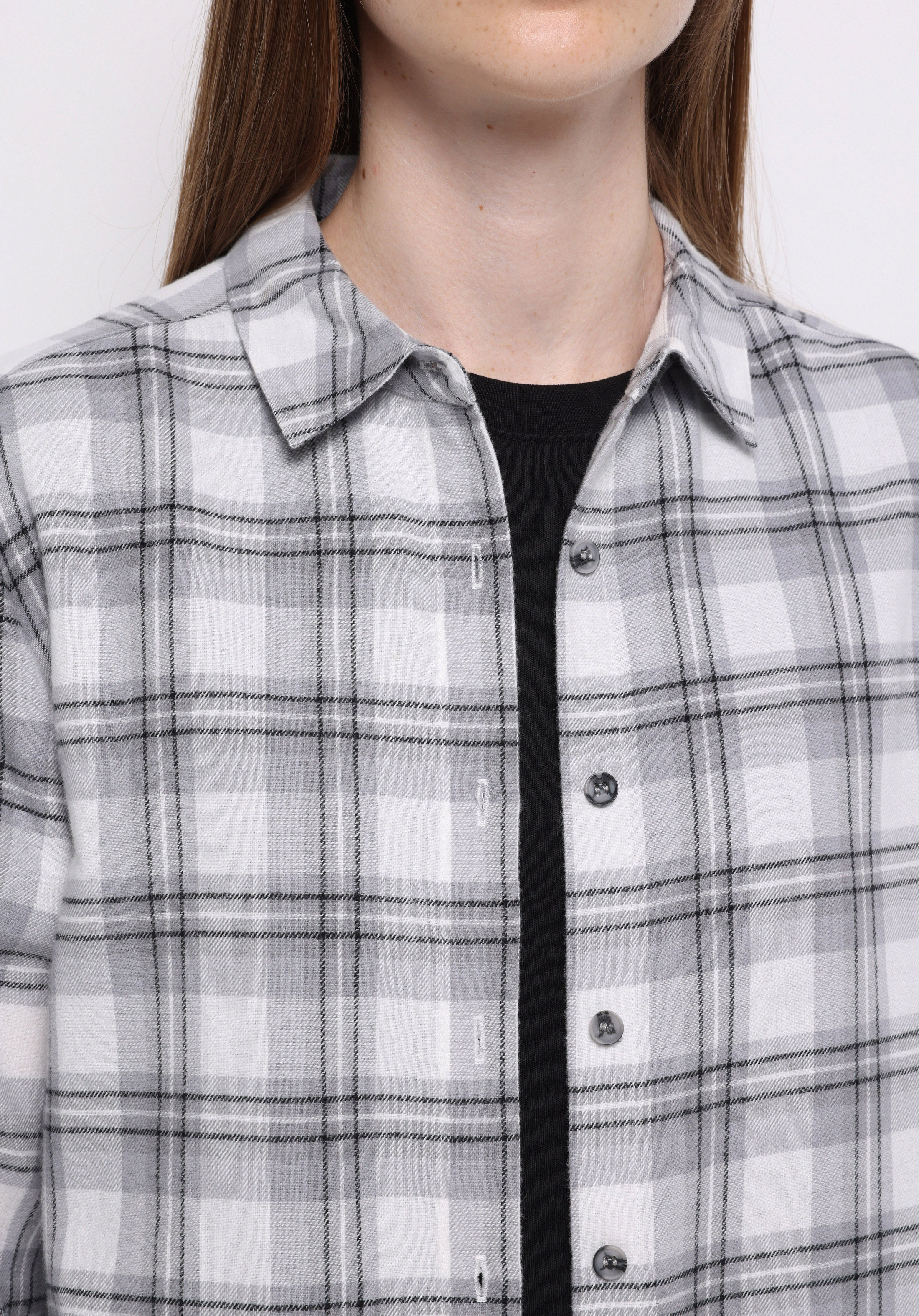 Regular Fit Shirt Neck Ekoseli Kadın Gri Uzun Kol Gömlek