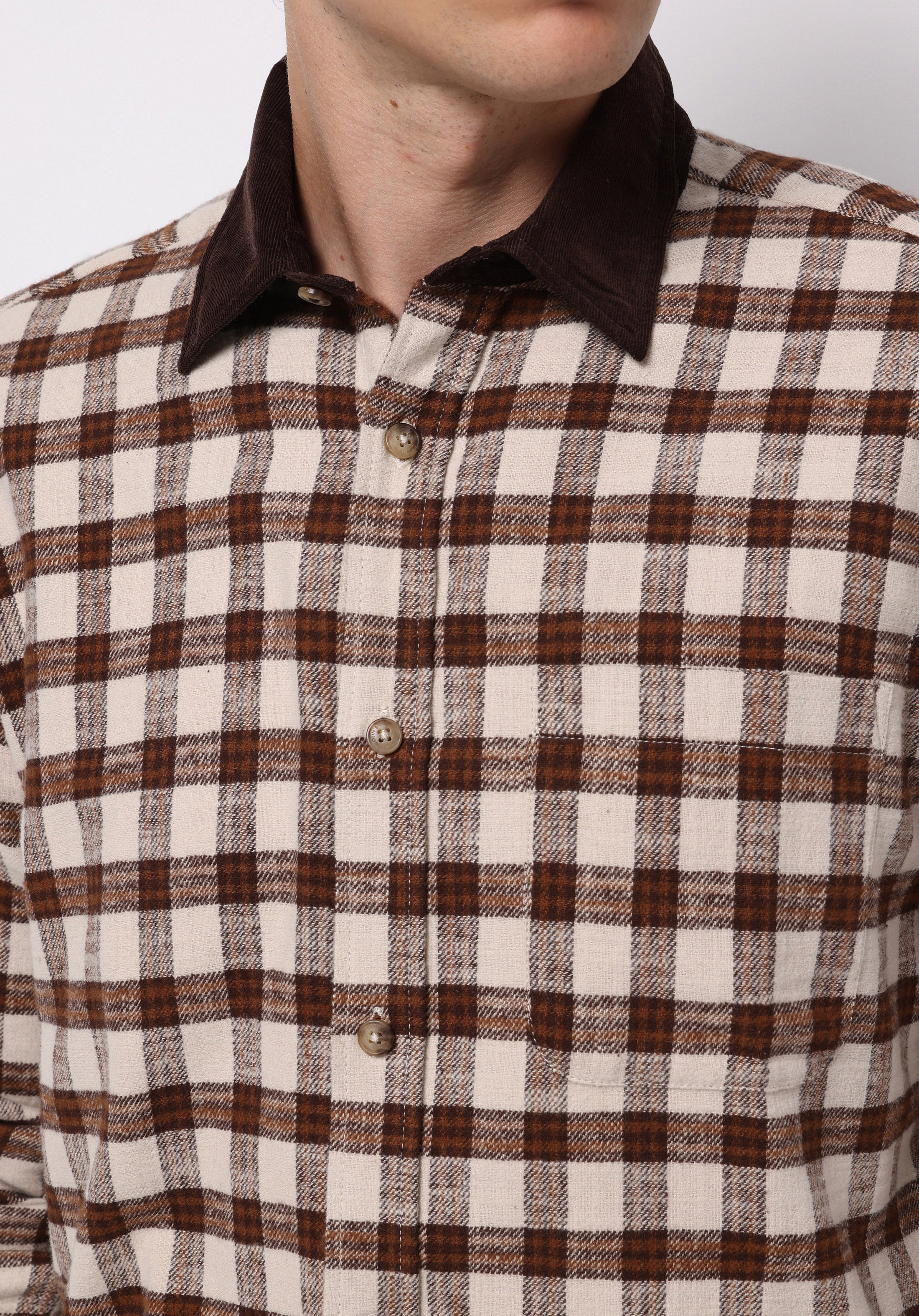 Comfort Fit Shirt Neck Kareli Erkek Kahverengi Uzun Kol Gömlek