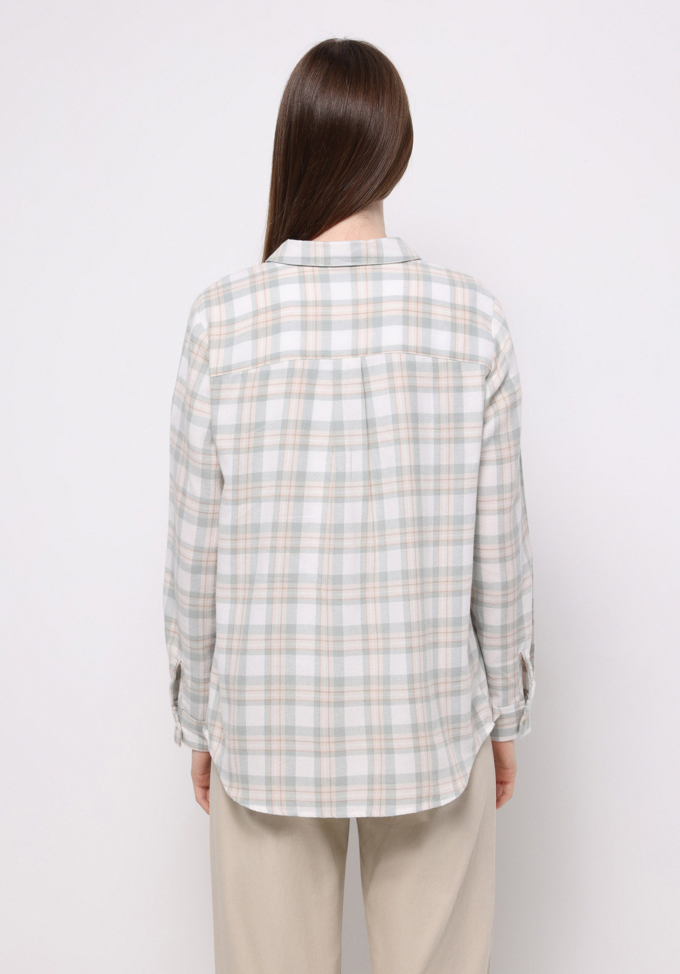 Regular Fit Shirt Neck Ekoseli Kadın Yeşil Uzun Kol Gömlek