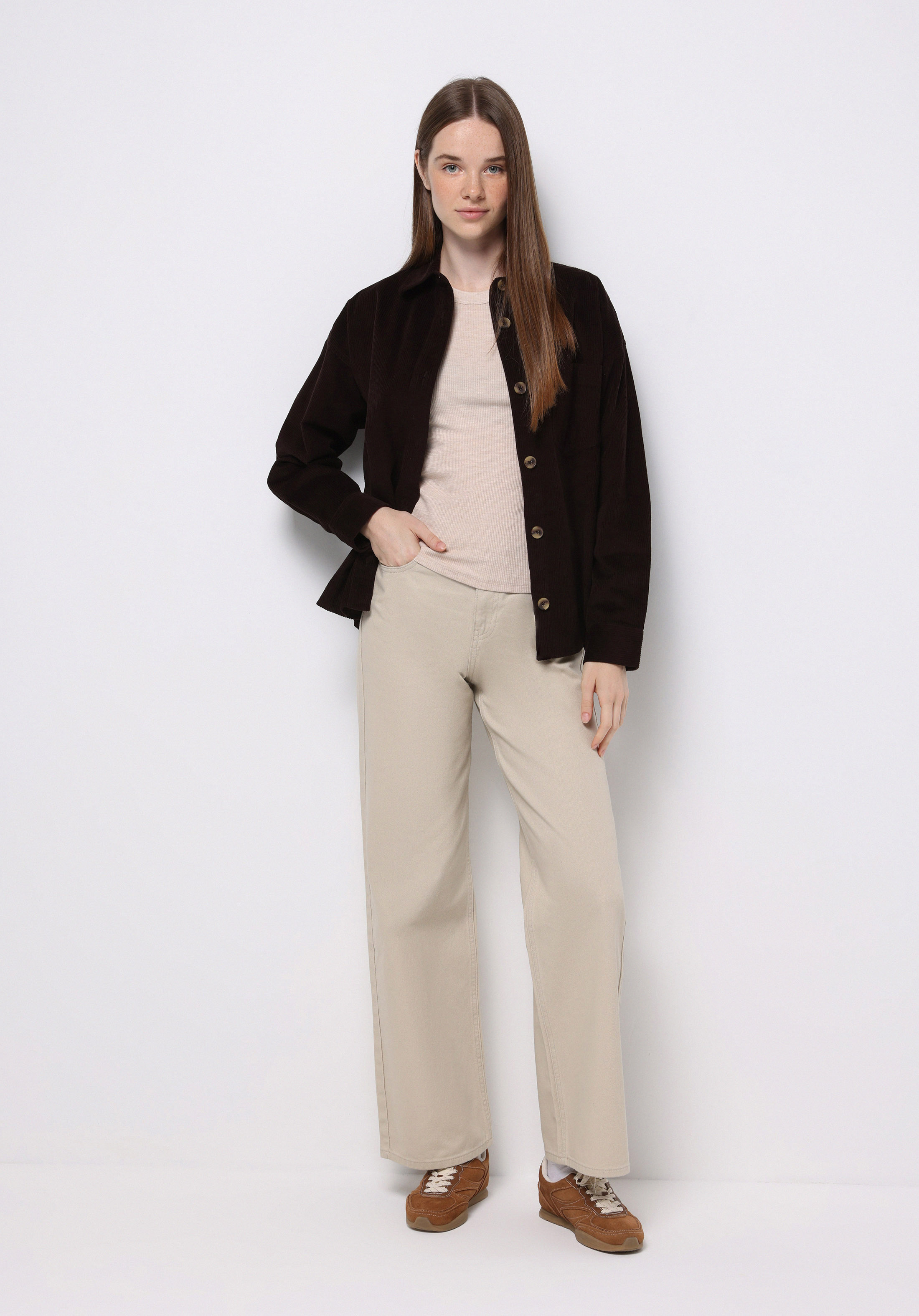 Regular Fit Shirt Neck Düz Kadın Kahverengi Uzun Kol Gömlek