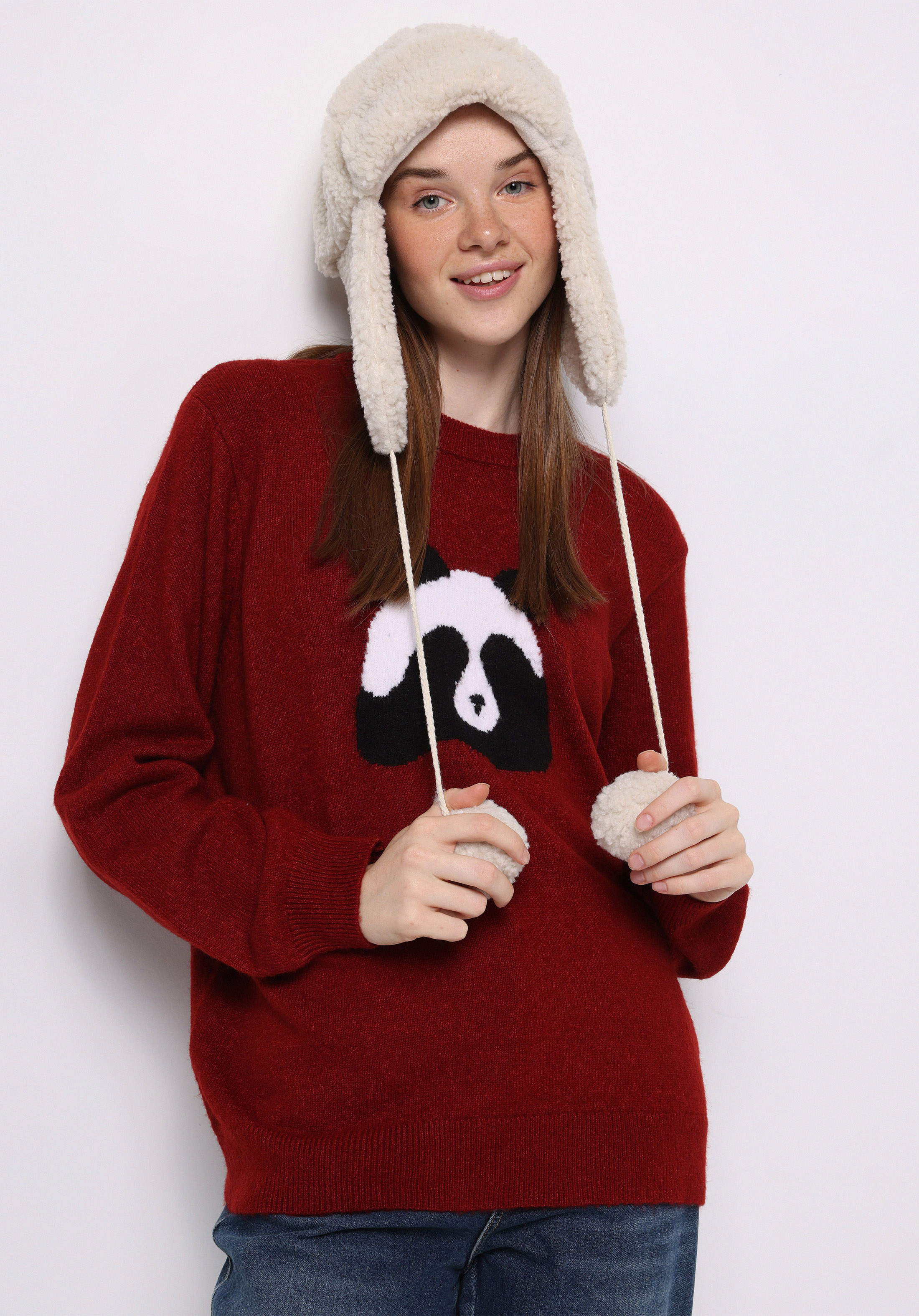 Regular Fit Yuvarlak Yaka Baskılı Kadın Kirmizi Kazak