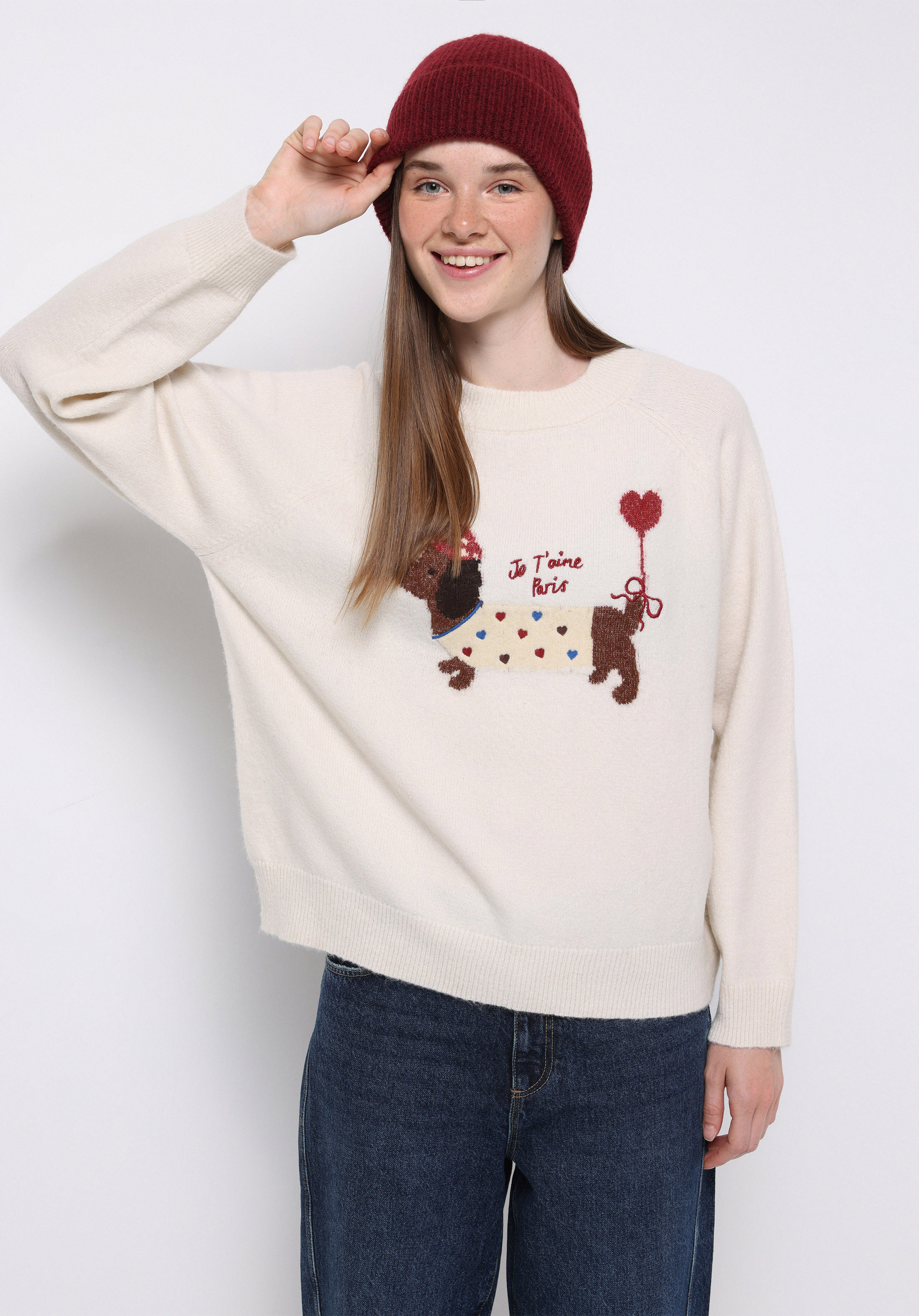 Relaxed Fit Yuvarlak Yaka Baskılı Kadın Ekru Kazak