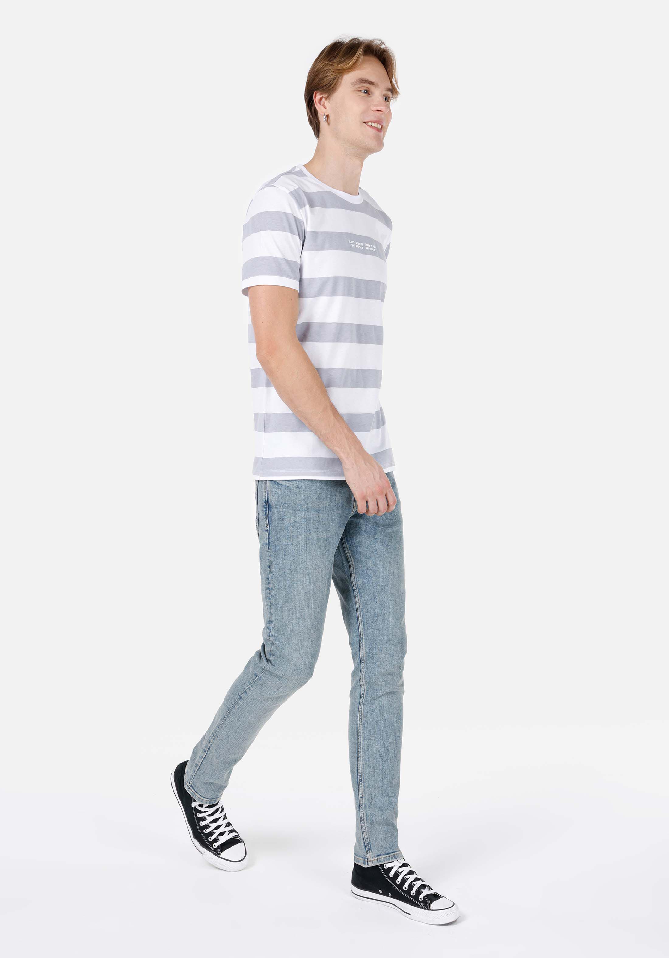 Regular Fit Yuvarlak Yaka Pamuklu Çizgili Cepsiz Erkek Gri Kısa Kol Tişört