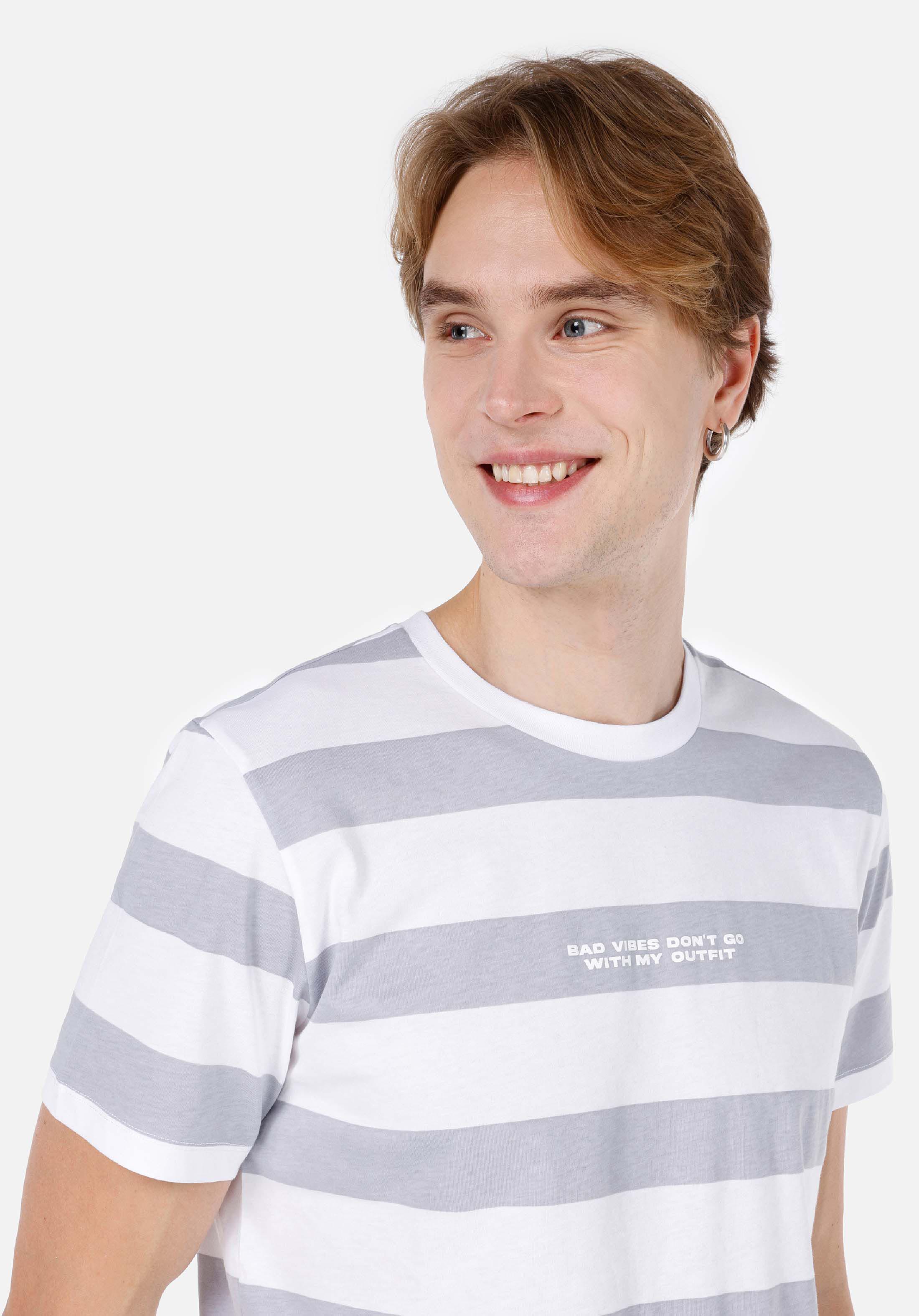 Regular Fit Yuvarlak Yaka Pamuklu Çizgili Cepsiz Erkek Gri Kısa Kol Tişört