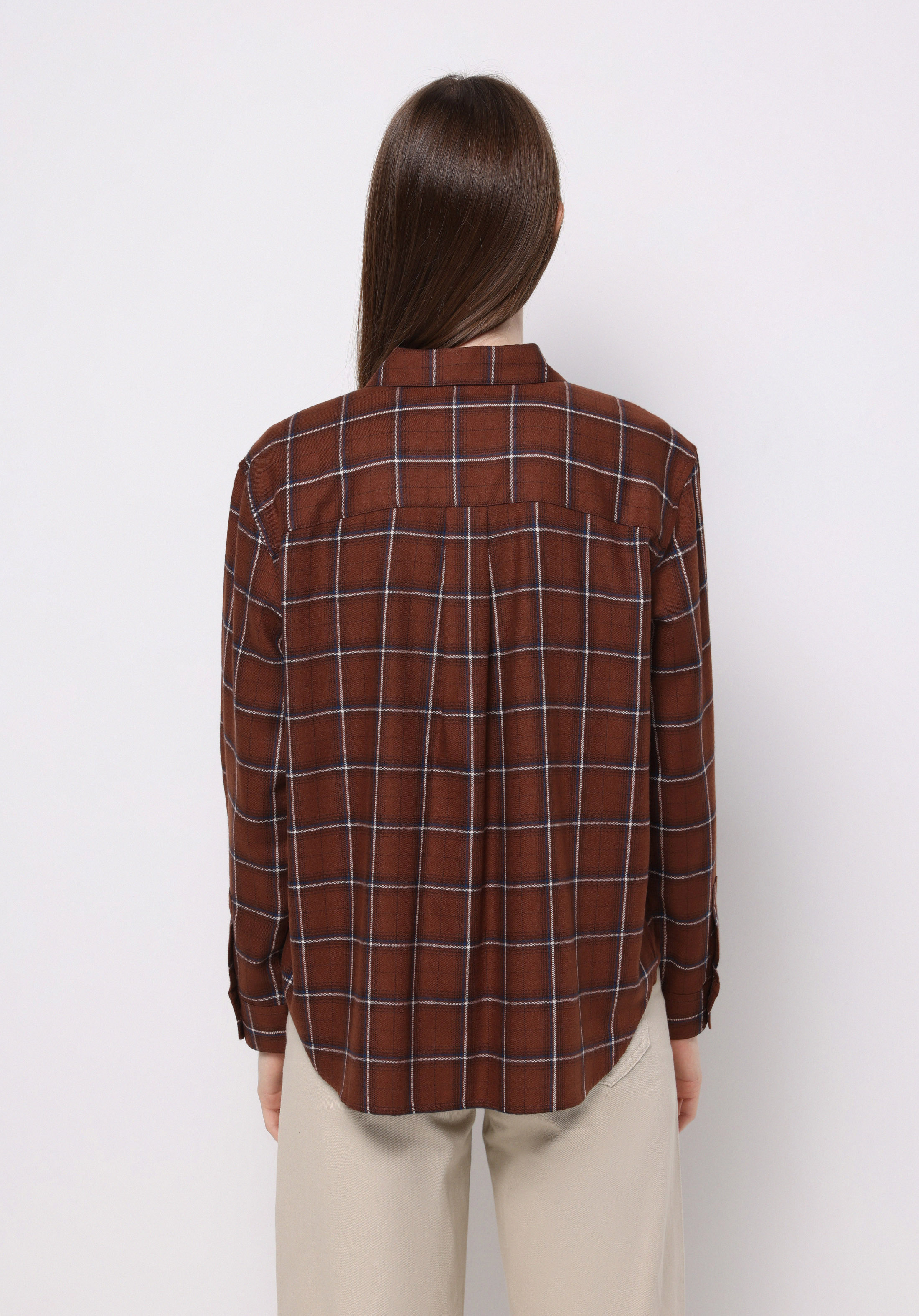 Regular Fit Shirt Neck Ekoseli Kadın Kahverengi Uzun Kol Gömlek