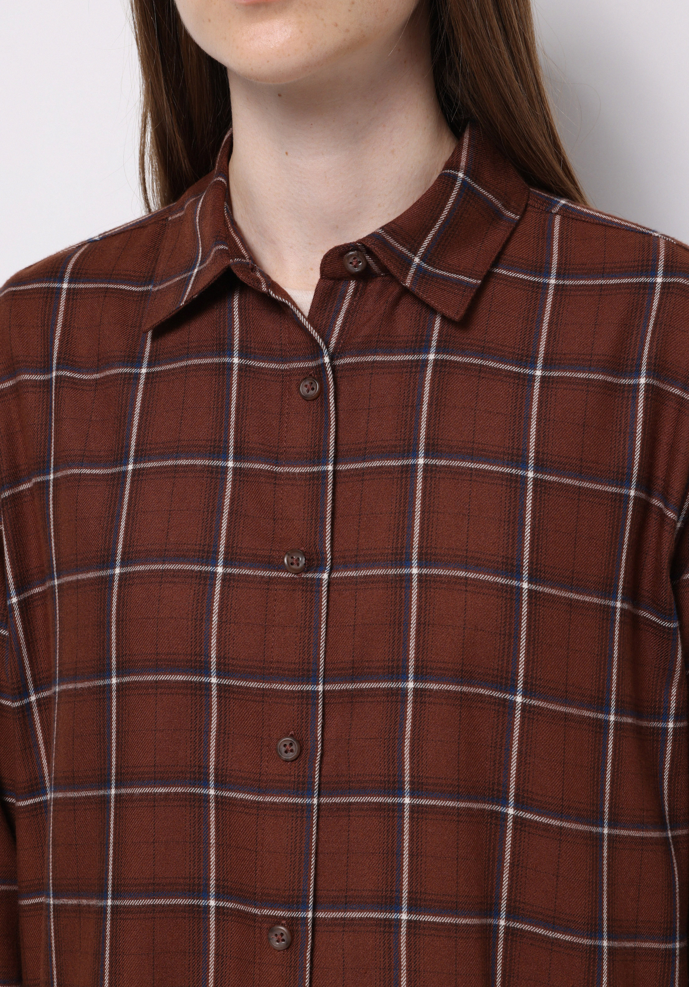 Regular Fit Shirt Neck Ekoseli Kadın Kahverengi Uzun Kol Gömlek