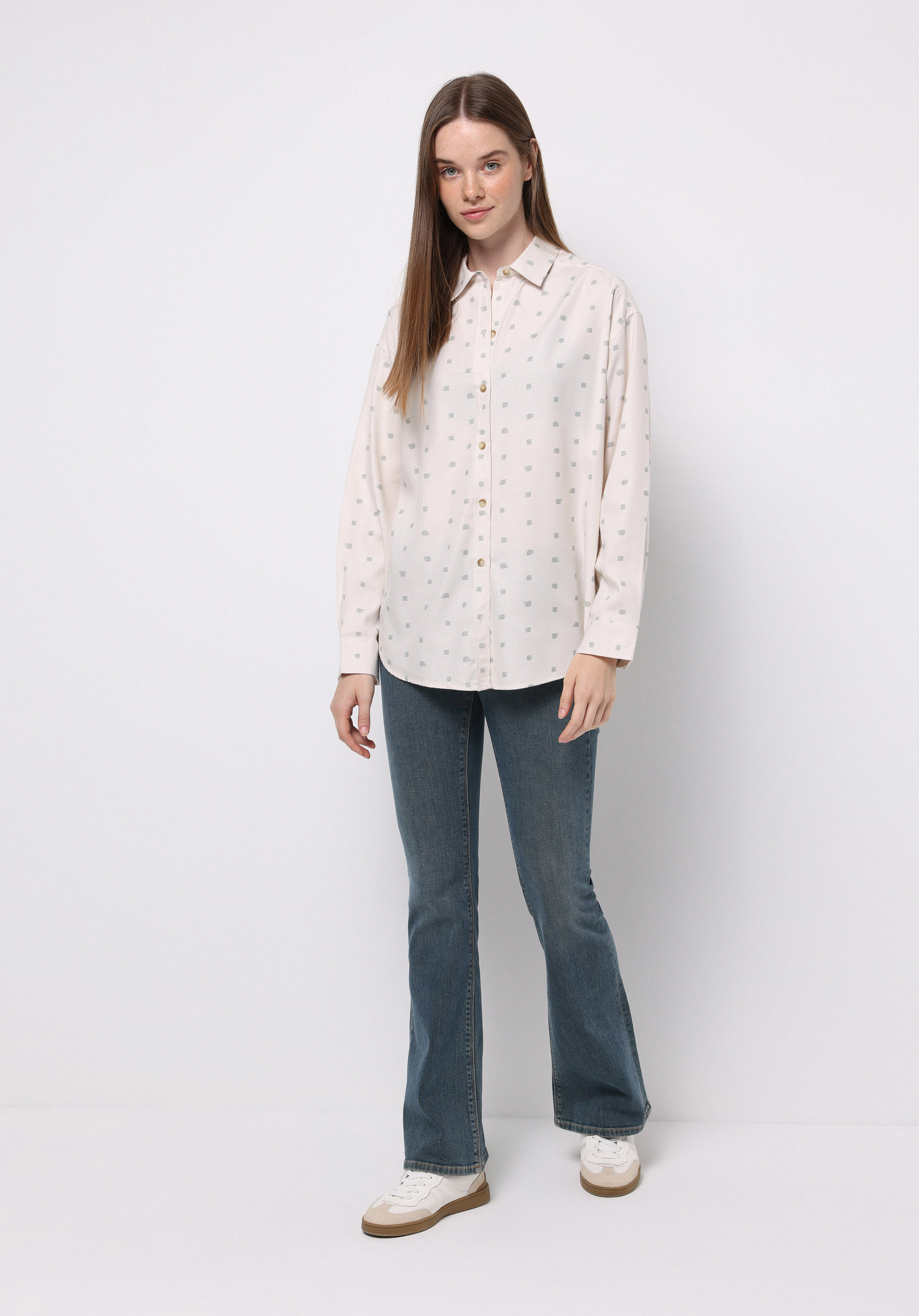 Relax Fit Shirt Neck Baskılı Kadın Ekru Uzun Kol Gömlek