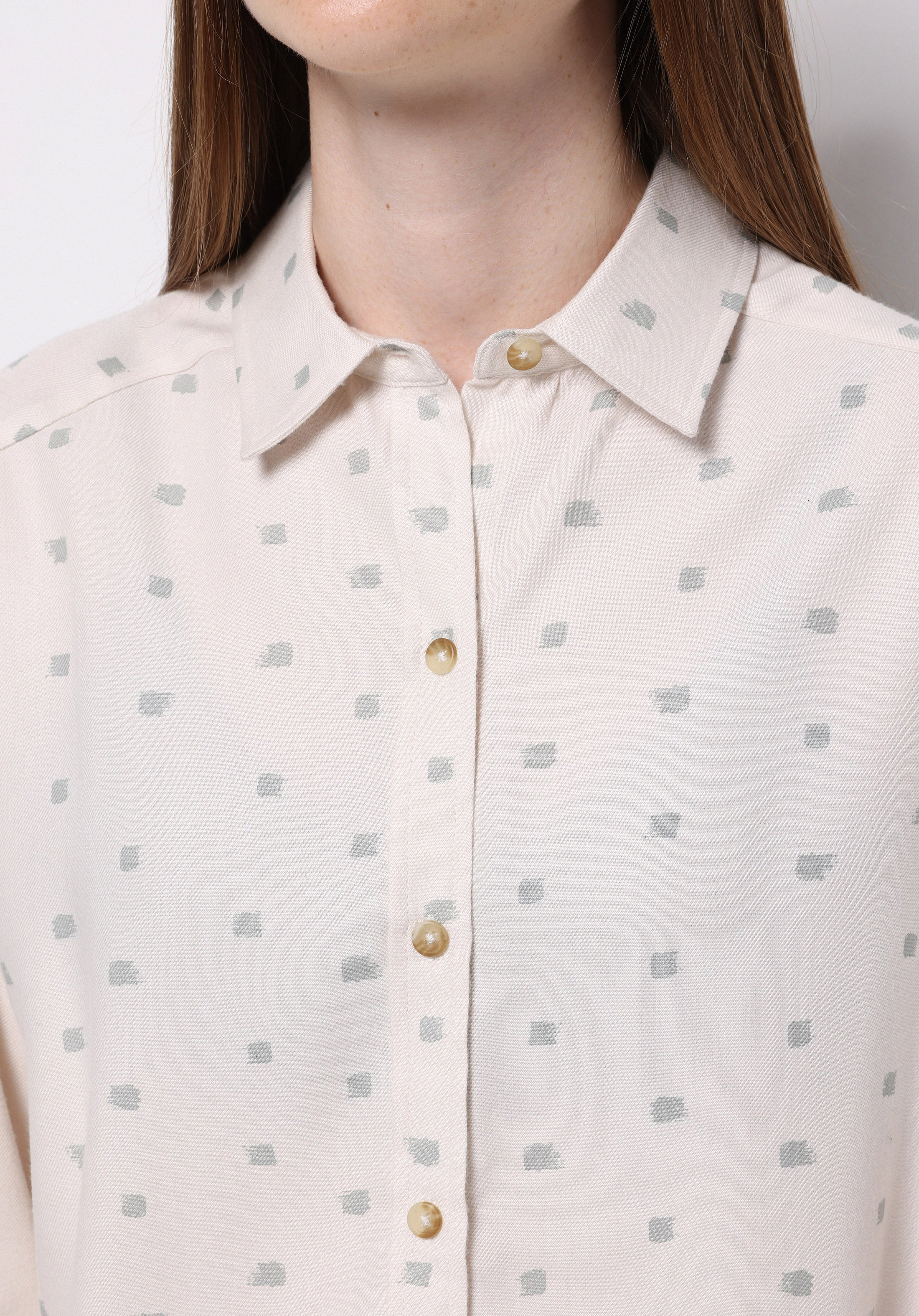 Relax Fit Shirt Neck Baskılı Kadın Ekru Uzun Kol Gömlek