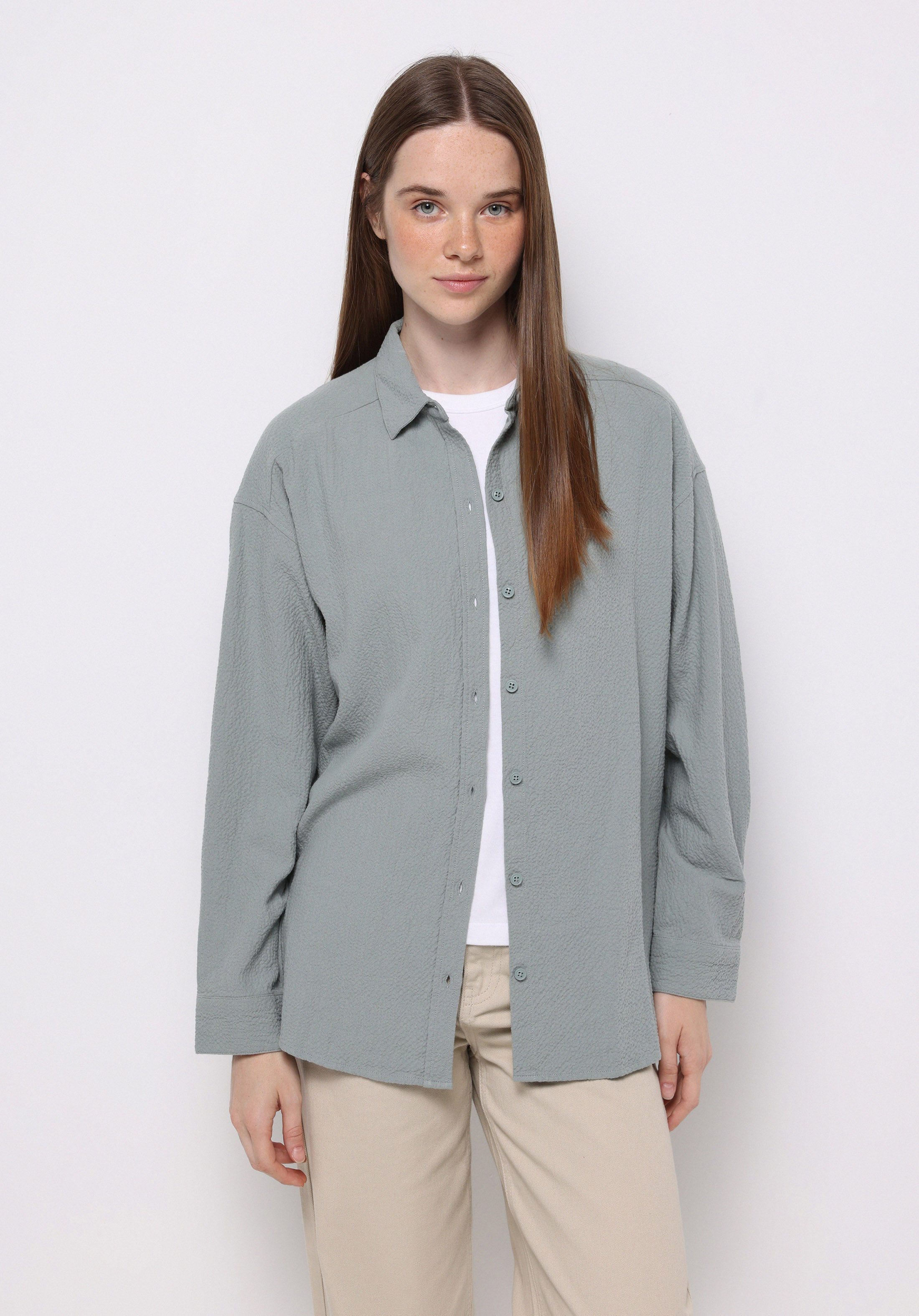 Relax Fit Shirt Neck Düz Kadın Yeşil Uzun Kol Gömlek