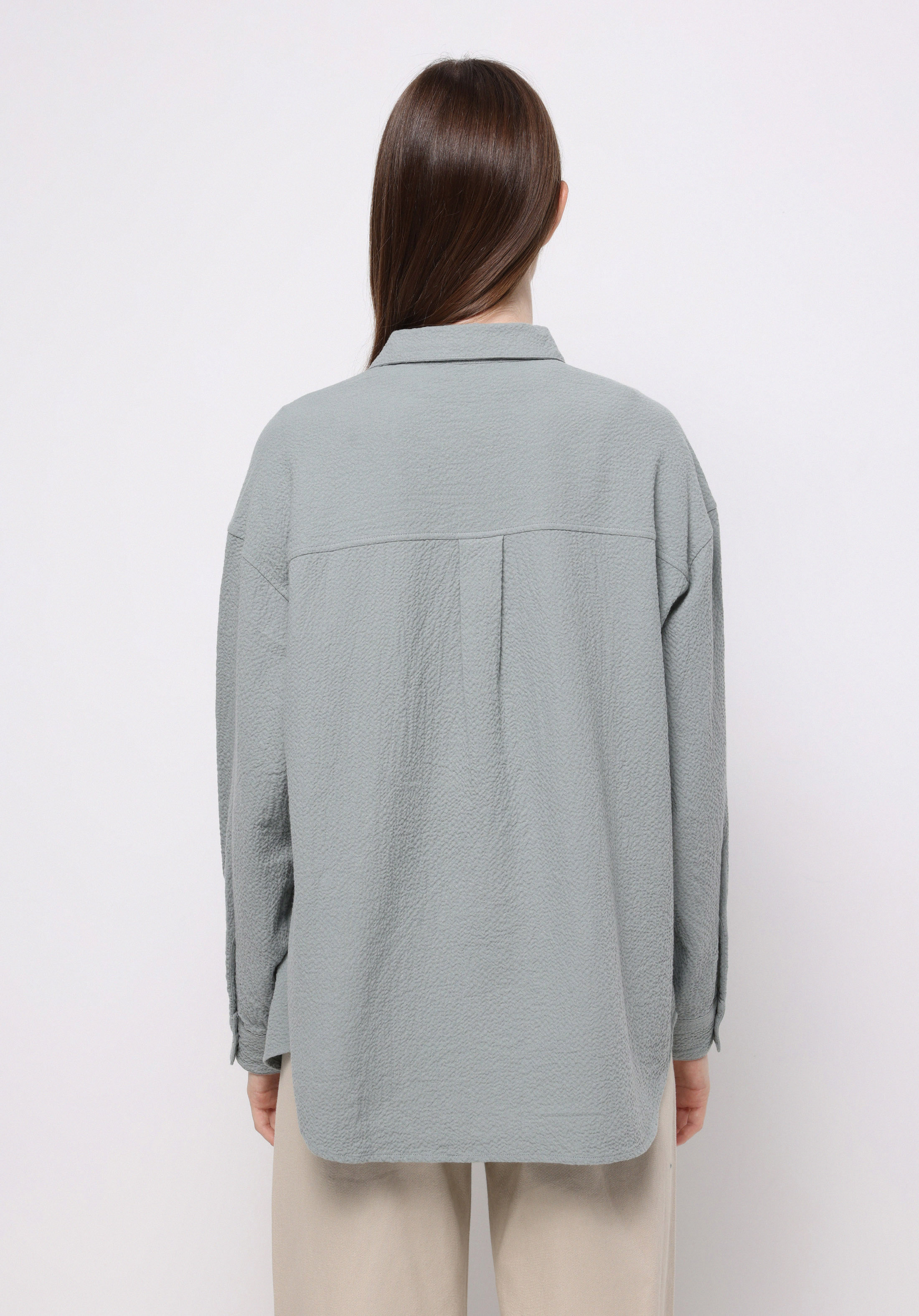 Relax Fit Shirt Neck Düz Kadın Yeşil Uzun Kol Gömlek