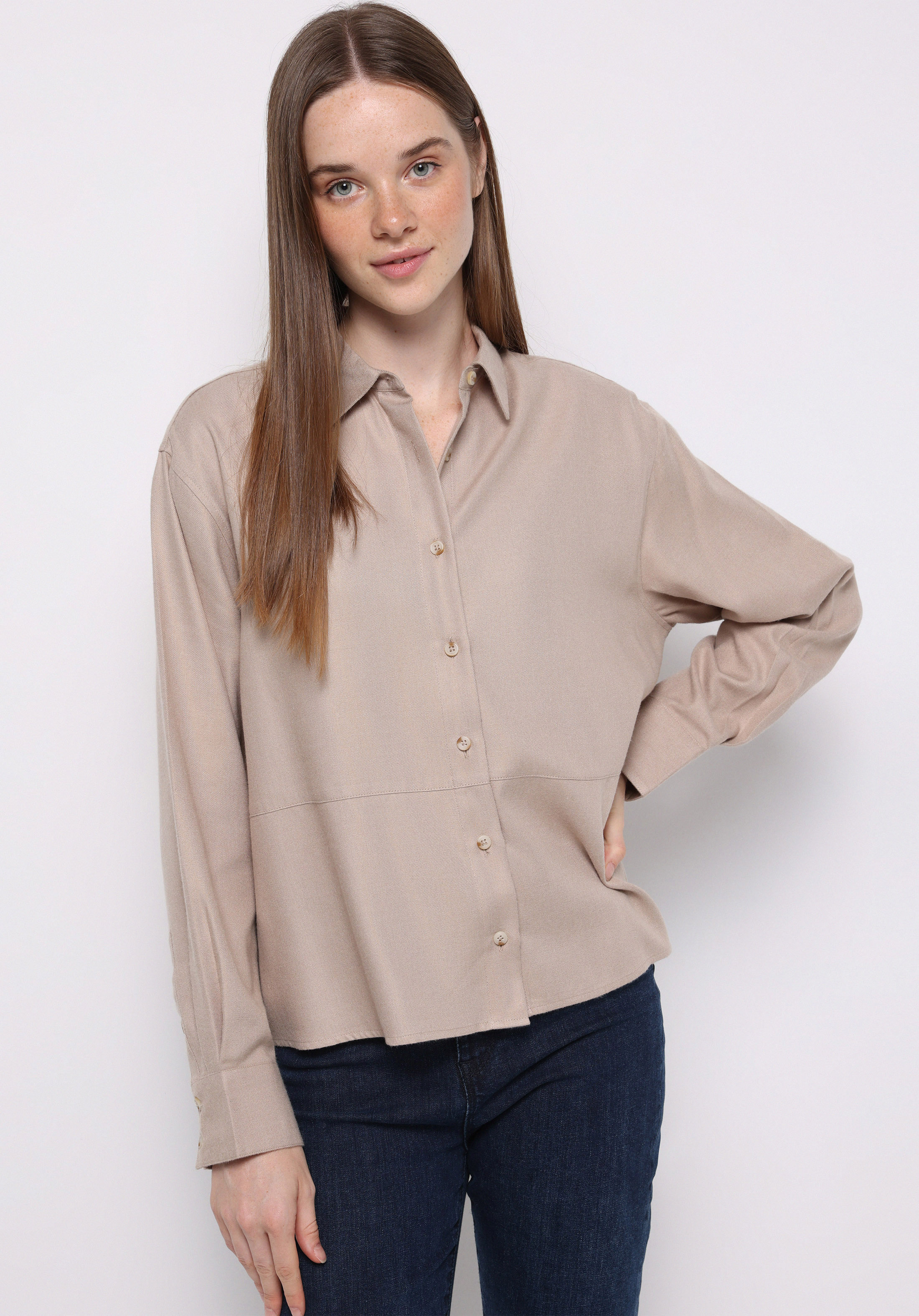 Relax Fit Shirt Neck Düz Kadın Bej Uzun Kol Gömlek