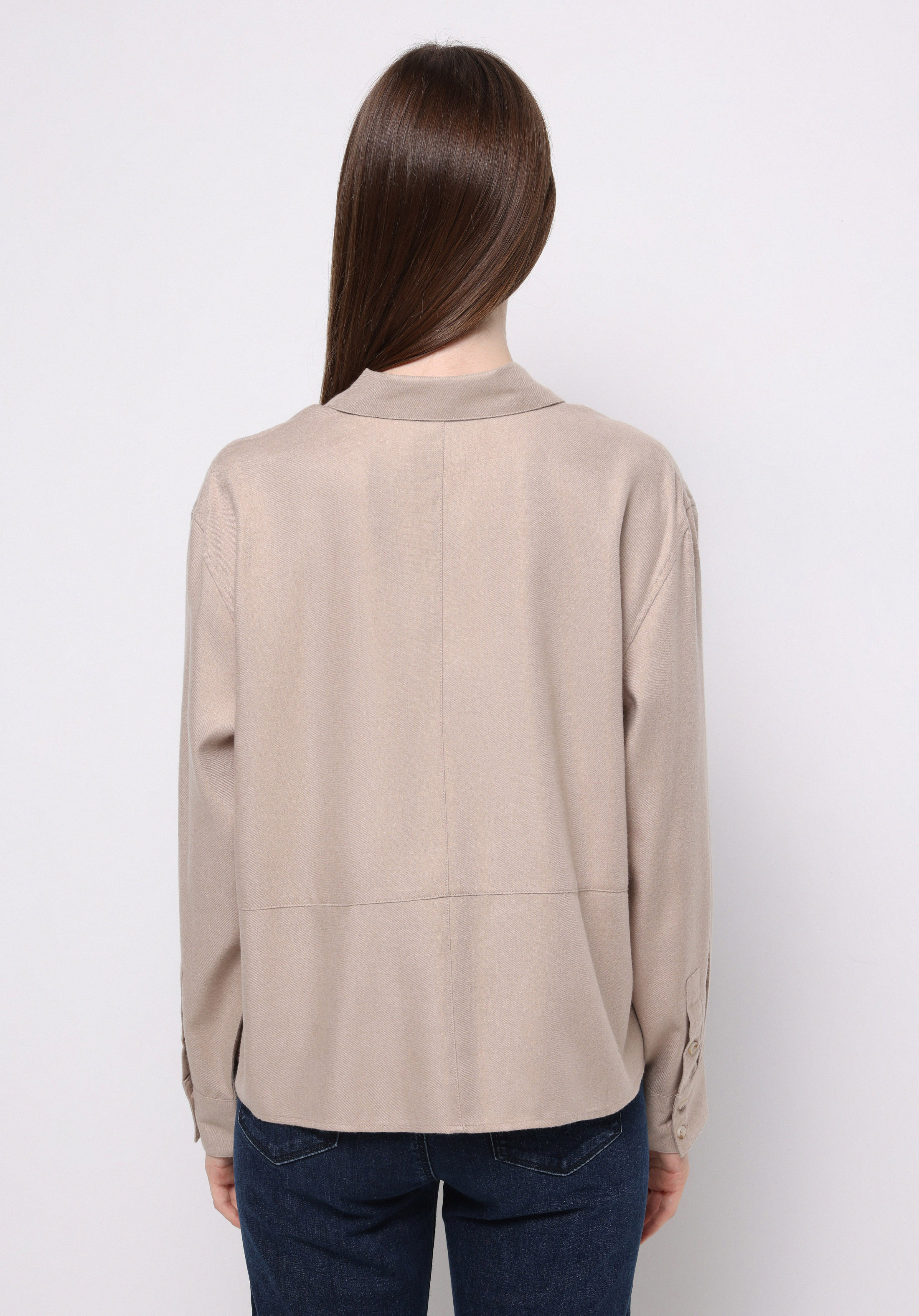 Relax Fit Shirt Neck Düz Kadın Bej Uzun Kol Gömlek