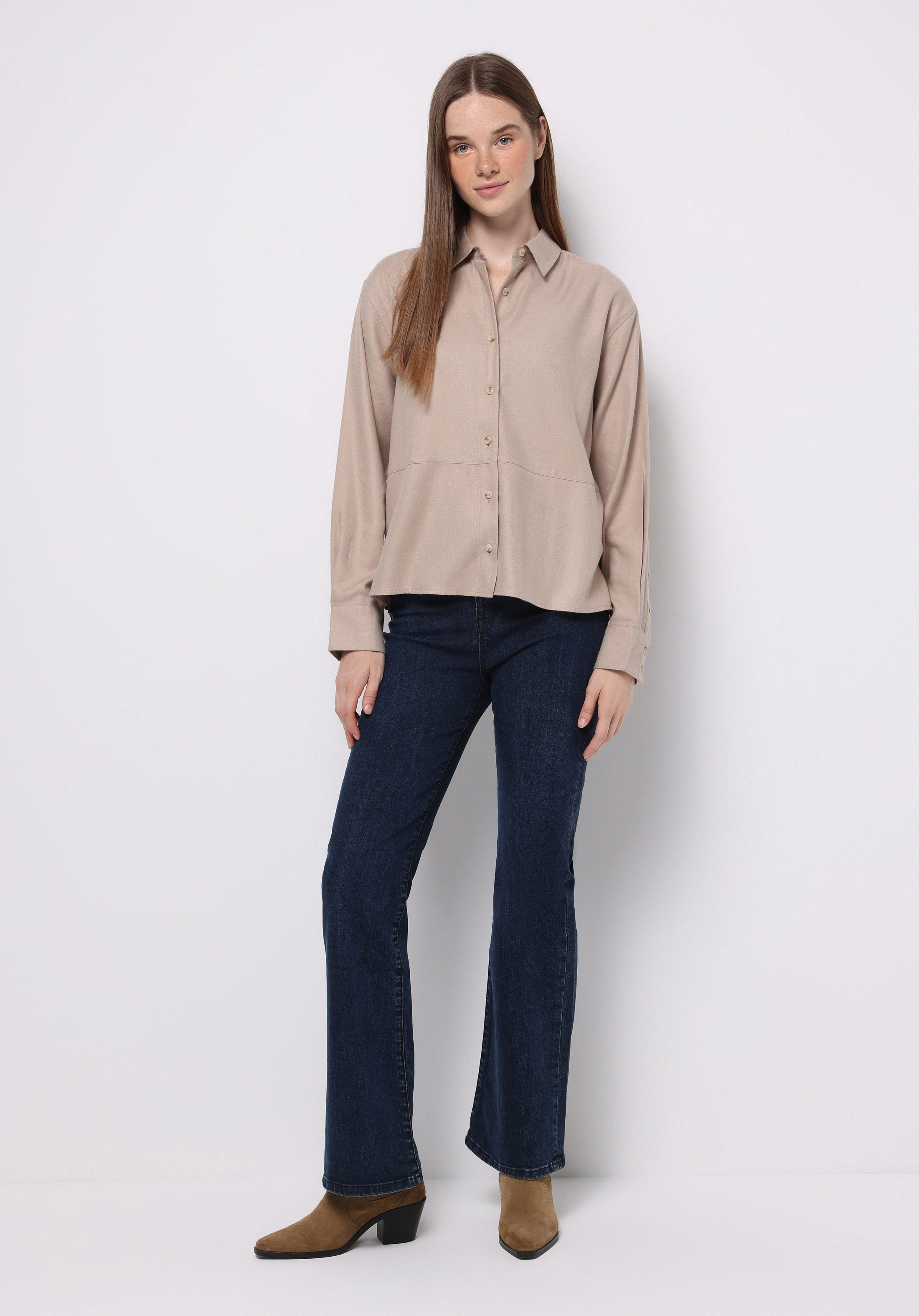 Relax Fit Shirt Neck Düz Kadın Bej Uzun Kol Gömlek