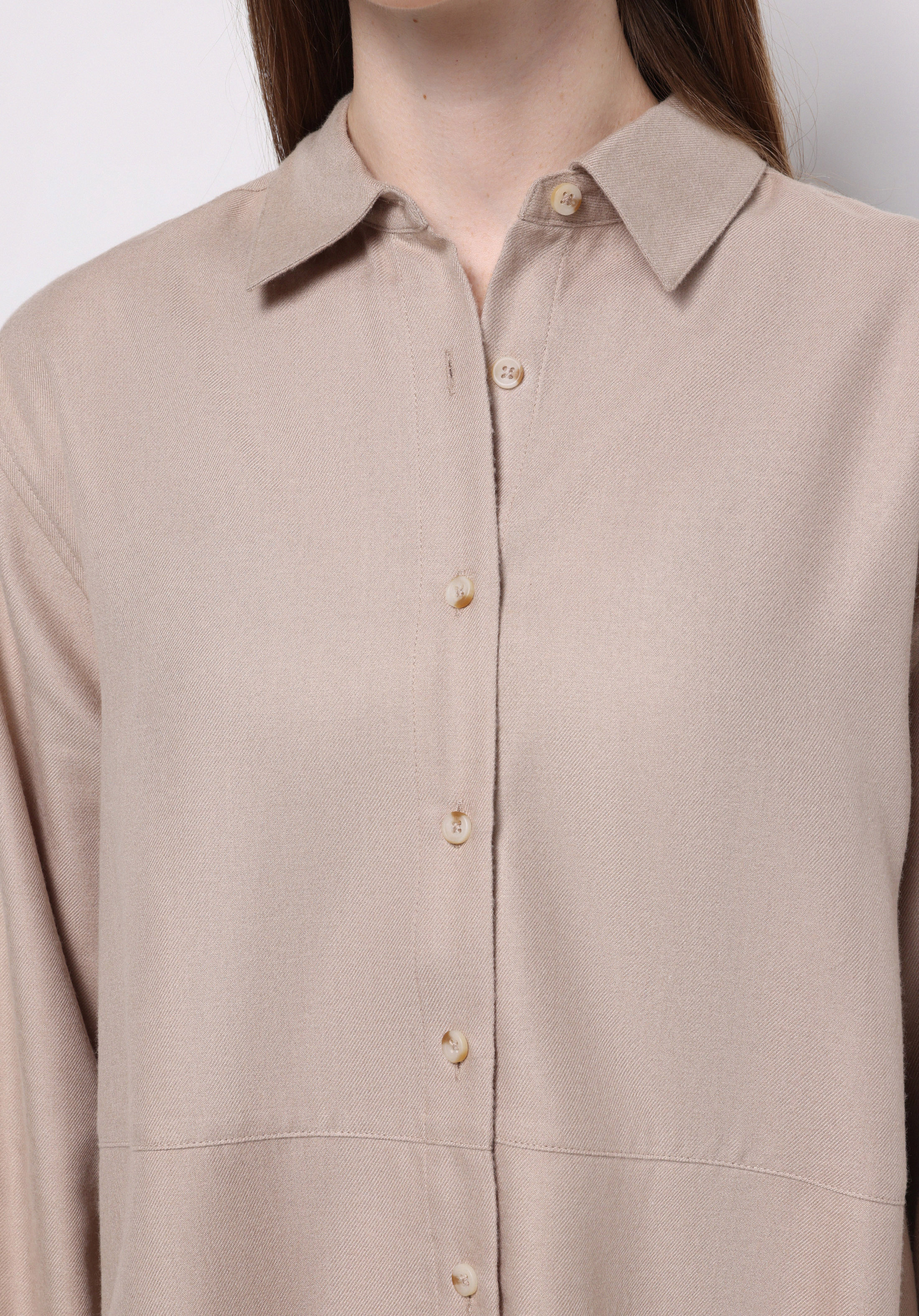 Relax Fit Shirt Neck Düz Kadın Bej Uzun Kol Gömlek