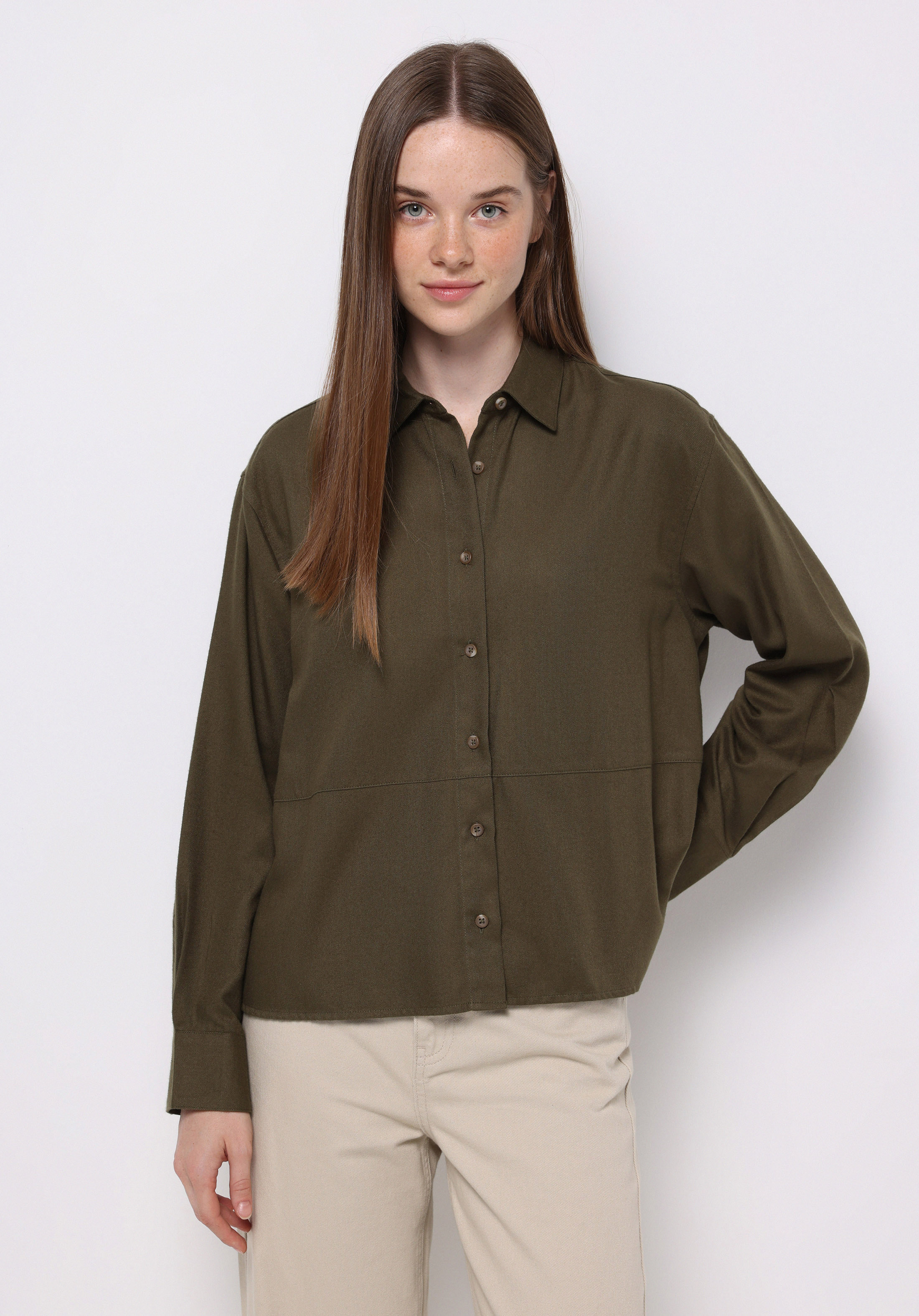 Relax Fit Shirt Neck Düz Kadın Yeşil Uzun Kol Gömlek