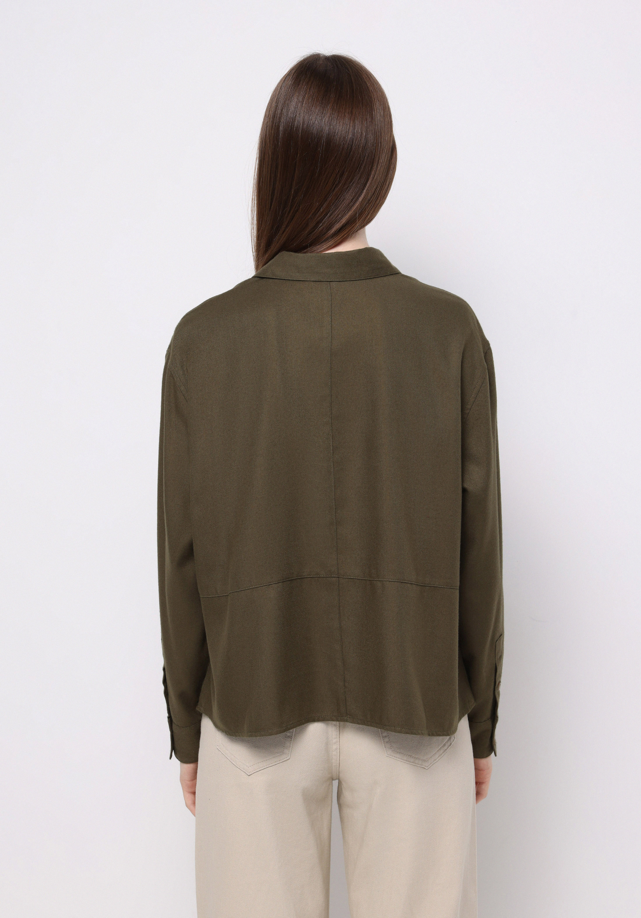 Relax Fit Shirt Neck Düz Kadın Yeşil Uzun Kol Gömlek