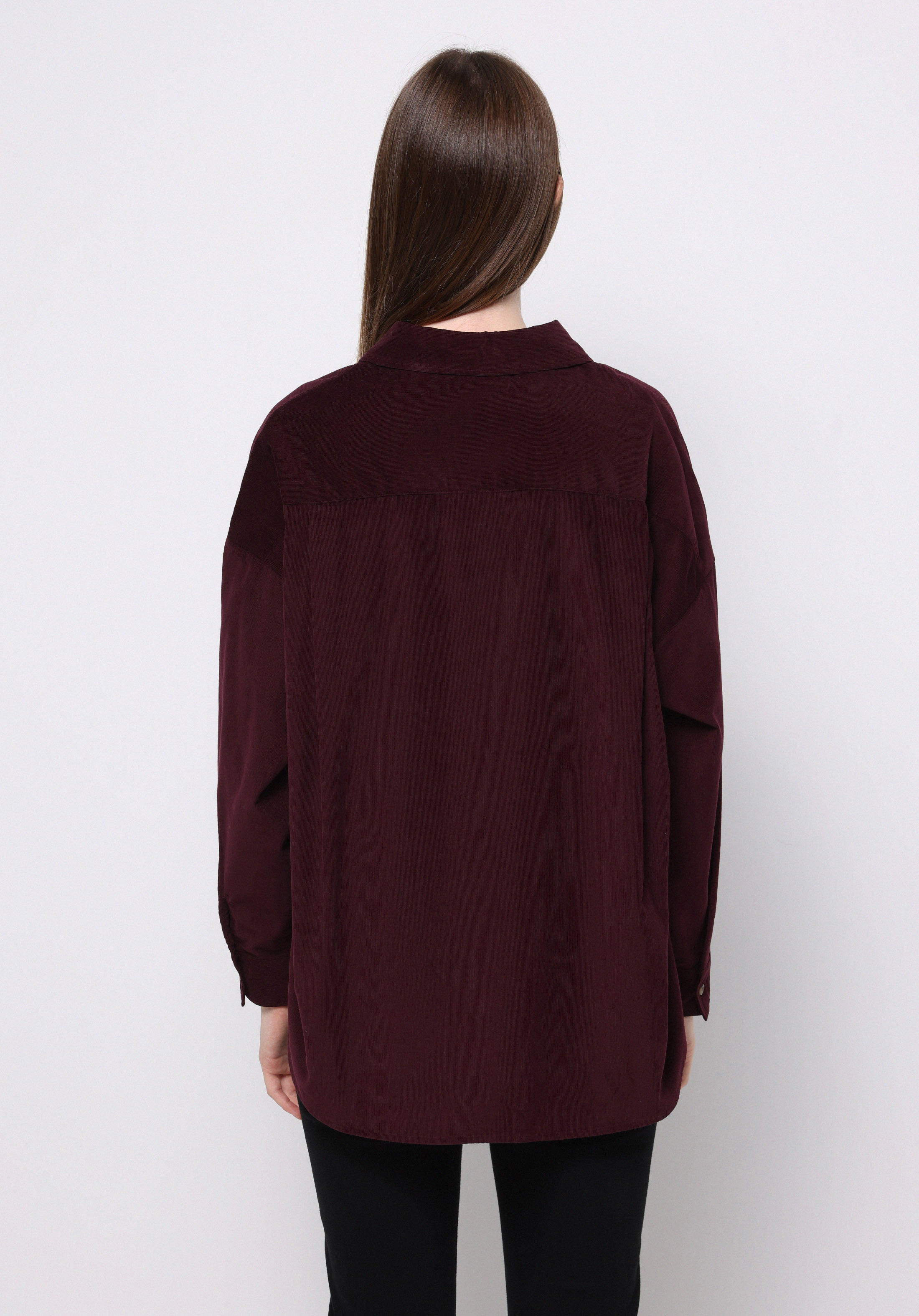 Relax Fit Shirt Neck Düz Kadın Bordo Uzun Kol Gömlek