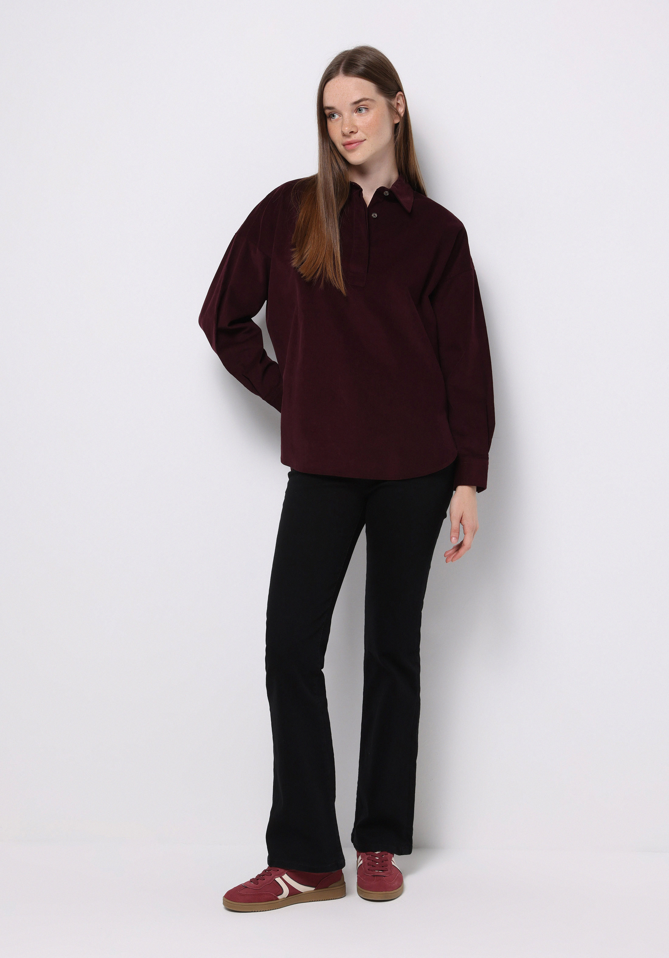 Relax Fit Shirt Neck Düz Kadın Bordo Uzun Kol Gömlek